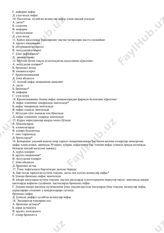 ning qalinlashishi g. plevra bo'shlig'ida suyuqlik to'planishi* d. plevra bo'shlig'ida xavo to'planishi 9. bronx bilan tutashgan tekis devorli xavoli bo'shliq ustida qanday nafas eshitiladi: a. bronxial nafas b. metallsimon nafas* v. dagal nafas g. amforik nafas d. uzuk-yuluk nafas 10. patologik kuchaygan vezikulyar nafas olish qanday ataladi: a. dagal* b. stenotik v. amforik g. metallsimon d. uzuk-yuluk 11. qaysi kasallikda o'pkalarning pastki chegaralari pastga siljiydi: a. krupoz pnevmoniya b. obturatsion atelektaz v. ekssudativ plevrit g. o'pka emfizemasi* d. pnevmotoraks 12. mutloq bo'g'iq tovush kuzatiladigan kasallikni ko'rsating: a. ekssudativ plevrit* b. bronxial astma v. pnevmoskleroz g. bronxopnevmoniya d. o'pka abstsessi 13. asosiy nafas shovqinini aniqlang: a. dagal b. bronxial* v. amforik g. uzuk-yuluk 14. krepitatsiyaning boshqa nafas shovqinlaridan fariqli belgisini ko'rsating: a. nafas olishning yuqorisida eshitiladi* b. nafas chiqarishda eshitiladi v. nafas olishda eshitiladi g. yo'taldan so'ng kamayadi eki yo'qoladi d. nafas olishning oxirida eshitiladi 15. quruq xirillashlar qaerda xosil bo'ladi: …