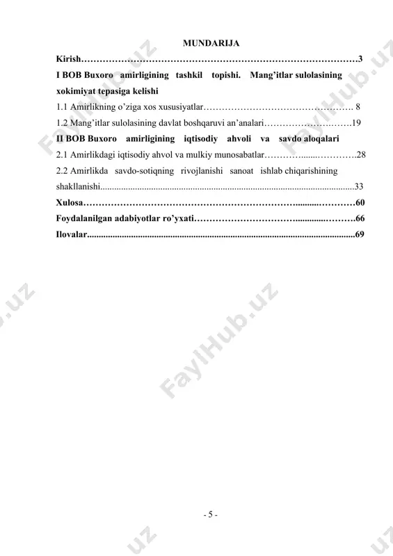 nchi yarmida buxoro hududining juda ko’p shaharlarida karvonsaroylar kurilishiga katta e’tibor berildi. aynan mana shu davrda buxoroning kushni davlatlari va rossiya, eron, hindiston davlatlari bilan savdo aloqalari tez sur’atlar bilan rivojlanib borgan. ichki bozorda buxoro, samarkand, qarshi, g’uzor shaharlari amirlikning yirik savdo markazlari xisoblangan. ushbu shaxar bozorlarida pulning kiymati va mahsulotlar tannarxi belgilangan. buxoro bozori nafaqat shaxarliklar, balki uning atrofidagi qishloklar aholisining talablarini qondirishda ham, aloxida ahamiyatga ega bo’lgan eng yirik savdo markazlaridan hisoblangan. buxoro bozorida kuchmanchi chorvadorlar o’z mahsulotlarini buxoro hunarmandlari mahsulotlariga ayirboshlashgan. buxoro bozorida parcha, duxoba, har xil chitlar, ipak matolar, temir, tilla, kumush, mis, chuyan idishlar, qog’oz, igna, turli xil iplar yaxshi savdo qilingan. buxoroda yanvar oyidan may oyigacha savdo yaxshi bo’lgan. bu davrda savdo yarmarkalari tashkil qilingan. bu savdo yarmarkalariga eron, afg’oniston, hindiston, xitoy, rossiya va amirlikning barcha viloyatlaridan savdogarlar tashrif buyurishgan. bu savdo mavsumida nihoyatda ko’p maxsulotlar ortgan savdo karvonlari buxoroga kelishgan. savdo karvonlari ular …