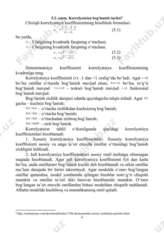 , u holda bog‘lanish zichligi baholashda chiziqli korrelyatsiya koeffitsientidan foydalanish mumkin: , (5.4) bu yerda, va mos ravishda va o‘zgaruvchilarning o‘rtacha kvadratik chetlanishidir va ular quyidagi formulalar yordamida hisoblanadi: , (5.5) shuningdek, korrelyatsiya koeffitsientini hisoblashning quyidagi modifikatsiyalangan formulalaridan ham foydalanish mumkin: yoki (5.6) regression tahlil natijaviy belgiga ta’sir etuvchi omillarning samaradorligini aniqlab beradi. regressiya so‘zi lotincha regressio so‘zidan olingan bo‘lib, orqaga harakatlanish degan ma’noga ega. bu atama korrelyatsion tahlil asoschilari f.galton va k.pirson nomlari bilan bog‘liqdir. regression tahlil natijaviy belgiga ta’sir etuvchi belgilarning samaradorligini amaliy jihatdan yetarli darajada aniqlik bilan baholash imkonini beradi. regression tahlil yordamida ijtimoiy-iqtisodiy jarayonlarning kelgusi davrlar uchun prognoz qiymatlarini baholash va ularning ehtimol chegaralarini aniqlash mumkin. regression va korrelyatsion tahlilda bog‘lanishning regressiya tenglamasi aniqlanadi va u ma’lum ehtimol (ishonchlilik darajasi) bilan baholanadi, so‘ngra iqtisodiy-statistik tahlil qilinadi. 5.4. korrelyatsion-regression tahlilda eng kichik kvadratlar usulining qo‘llanilishi funksiyalar parametrlari odatda “eng kichik kvadratlar” usuli bilan aniqlanadi. eng kichik kvadratlar …