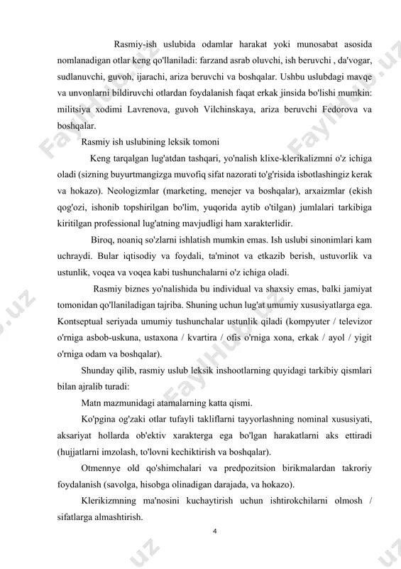 iktirish va boshqalar). otmennye old qo'shimchalari va predpozitsion birikmalardan takroriy foydalanish (savolga, hisobga olinadigan darajada, va hokazo). klerikizmning ma'nosini kuchaytirish uchun ishtirokchilarni olmosh / sifatlarga almashtirish. qat'iy belgilangan leksik moslik (huquq faqat beriladi, to'lov amalga oshiriladi va hokazo). rasmiy uslubning morfologik va sintaktik tomoni ushbu uslubning morfologik xususiyatlari, nutqning ayrim qismlarini ularning turlari bilan qo'llanilishining yuqori chastotasini o'z ichiga oladi, bu bayonlarning aniqligi va o'ziga xosligini oshiradi. bularga quyidagilar kiradi: odamlarni o'zlarining xatti-harakatlaridan kelib chiqqan holda (o'quvchi, ayblanuvchi, jabrlanuvchi, asrab oluvchi ota-ona) erkaklarning jinsi ko'rinishidagi mavqe / martabasiga ko'ra nomlar (kutubxonachi kuznetsova, novikovning advokati). rasmiy-diplomatik uslub va uning xususiyatlari. · huquqiy qonunchilik va ish yuritish munosabatlari doirasida qo'llaniluvchi nutq uslubi rasmiy uslub hisoblanadi. sof qonunchilik uslubi (qonun, farmon, fuqarolik va jinoiy aktlar, nizomlar uslubi). holatlarda ro'y 2. idoraviy — devonxona uslubi (buyruq, ariza, talabnoma, bildirgi, tavsifnoma, tarjimayi hol, ishonchnoma, dalolatnoma); diplomatik uslub (nota, bayonotnoma, bitim, konvensiya va boshqalar). · rasmiy …