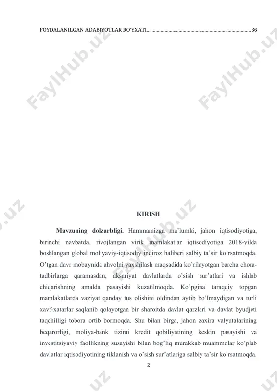 foizdan ortig‘i ta’lim, 14,5 foizdan ko‘prog‘i sog‘liqni saqlash sohalarini moliyalashtirishga yo‘naltirildi. bugungi kunda, dunyoning ko‘plab mamlakatlarida davlat qarzining ortib borishi bilan bog‘liq muammolar saqlanib qolayotgan bir sharoitda, o‘zbekistonimiz chetdan qarz olish bo‘yicha puxta o‘ylangan siyosat olib borishi natijasida davlatimiz qarz hajmining ulushini nisbatan past darajada ushlab qolishga va o‘z majburiyatlariga to‘liq javob beradigan mamlakat sifatida barqaror obro‘-e’tiborini saqlab qolishga erishdi. respublikamiz mustaqillikka erishganidan so’ng o’z daromadlarini mustaqqil tasarruf etadigan, o’z xarajatlarini o’zi qoplaydigan bo’ldi. iqtisodiyotni erkinlashtirish sharoitida davlat byudjeti hisobiga mablag’ bilan ta’minlanadigan tarmoqlarda iqtisodiy islohotlarni chuqurlashtirish, byudjet mablag’laridan samarali foydalanishni nazoratini takomillashtirish bugungi kunda dolzarb masalalardan biri hisoblanadi. madomiki, respublikamizda davlat bosh islohatchiligi hamda aholini kuchli ijtimoiy himoyalash eng asosiy vazifalardan deb belgilangan ekan, o’z navbatida iqtisodiyotni boshqarishning ta’sirchan dastagi hisoblangan davlat byudjeti mablag’lari doimo aniq bir maqsadga yo’naltirilgan bo’lishi kerak. bunda, albatta, byudjet-soliq siyosatni ishlab chiqish va to’g’ri yuritish, byudjet mablag’laridan samarali va oqilona foydalanish talab etiladi. chunki, …