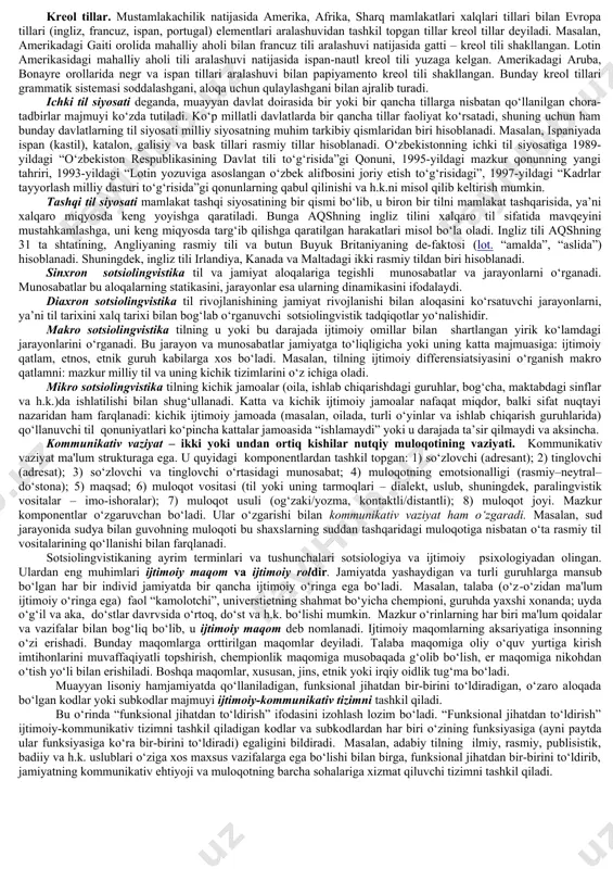 uhim bo‘lib, u hududiy dialektdan ustuvorligi bilan ajralib turadi. aqshda esa aksincha, hududiy dialekt ijtimoiy dialektga nisbatan salmoqli o‘ringa ega. sotsiolekt termini lingvistikada xx asrning ikkinchi yarmida paydo bo‘lgan. u sotsio- jamiyatga bo‘lgan munosabat va dialekt so‘zlaridan tashkil topgan bo‘lib, rus tilidagi “социальный диалект” (ijtimoiy dialekt) birikmasining qisqargan shaklidir. sotsiolekt – umumiy ijtimoiy xususiyatlariga ko‘ra birlashgan ayrim guruhlarning lisoniy ehtiyojlarini qondirish uchun nutq amaliyotida ishlab chiqilgan til shakli. standart tildan farqli o‘laroq, sotsiolektda ba’zi o‘rinlarda chetga chiqish mumkin. til ham xuddi tashqi ko‘rinish singari sinflar haqida guvohlik beradi. sotsiolekt verbal hulq va ijtimoiy ahvolning muvofiqligini ifodalaydi. jargon – biron ijtimoiy guruh vakillarining o‘z nutqi bilan ko‘pchilikdan ajralib turish maqsadida, o‘zicha mazmun berib ishlatadigan so‘z va iboralari. masalan, oq (aroq), qizil (vino) – ichuvchilar nutqiga xos; strelka (uchrashuv) yoshlarning nutqida; ko‘k, ko‘kat (aqsh dollari), dodasi (biron narsaning zo‘ri) – ko‘proq bozorchilarning nutqida qo‘llaniladi argo – jargondan farqli o‘laroq, biron ijtimoiy guruh …
