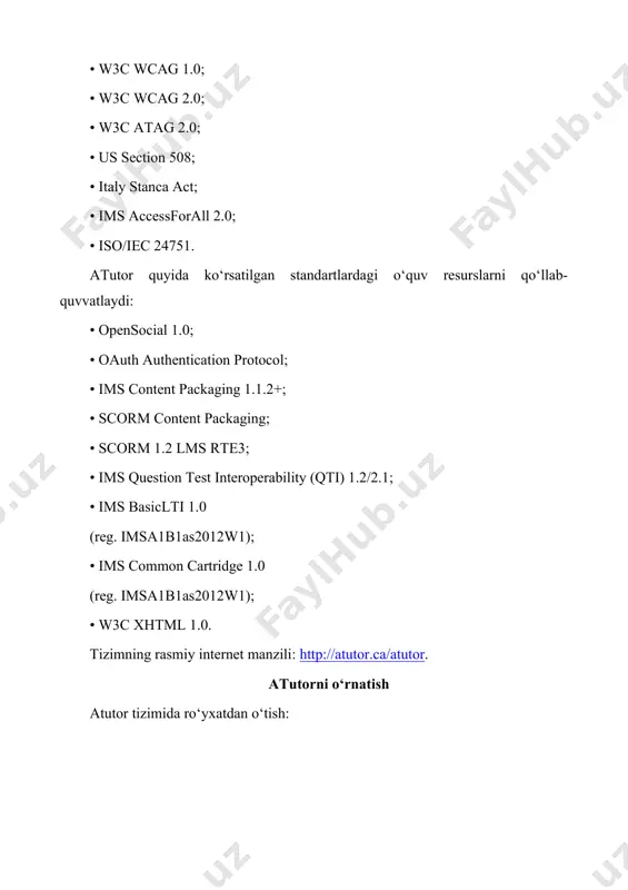 ‘rganish. 3. kurslarni tashkil qilish. 4. foydalanuvchilarni qo‘shish va ruxsatni berish. 5. tizimda menyularni hosil qilish. nazorat uchun savollar 1. atutor qanday dastur xisoblanadi? 2. atutor qanday standartlarni qo‘llab-quvvatlaydi? 3. atutor tizimi qaerda yaratilgan 4. tizimda qanday o‘qitish modullari mavjud? 5. masofaviy ta’lim o‘qituvchisi? image5.png image6.png image7.jpeg image8.jpeg image9.jpeg image10.jpeg image11.jpeg image12.jpeg image13.jpeg image14.jpeg image15.jpeg image1.png image2.png image3.png image4.png