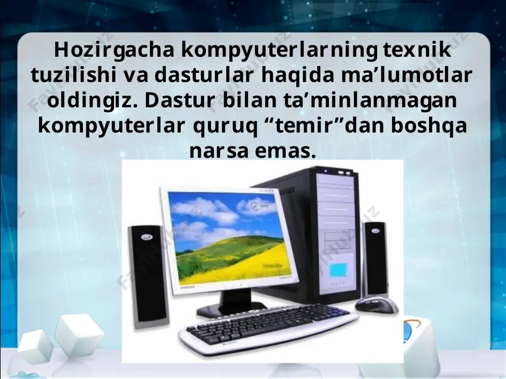 naviy dasturlar – kompyuter uchun yangi dasturlar tayyorlash va tahrirlashni yengillashtiruvchi dasturlar. keng tarqalgan va qulay integrallashgan sistemaga misol sifatida microsoft office dasturlar paketini olish mumkin. microsoft office dasturlar paketi o‘z ichiga matn protsessori, electron jadval, ma’lumotlarni boshqarish sistemasi, taqdimot hosil qilish dasturi, elektron pochta bilan ishlash dasturi va boshqa dasturlarni mujassamlashtirgan. masalan, windows operatsion sistemalari, ms office dasturlari, adobe photoshop va macromedia flash naqllari, software – qiymati 100% to‘langanidan keyin o‘rnatilib, foydalaniladigan dasturiy ta’minot. shareware (ing. share – qisman) – aprobatsiya, ya’ni sinovdan o‘tkazish muddatiga ega bo‘lgan dasturlar. sinov muddati, odatda, bir necha kun yoki bir oygacha yoki bir necha bor kirib ishlashga mo‘ljallangan bo‘ladi. freeware (ing. free – erkin) – mutlaqo bepul dasturiy ta’minot. bu dasturlardan tekin foydalanish mumkin, biroq dasturni o‘zgartirib bo‘lmaydi. aksariyat hollarda reklama sifatida yoki dasturchilarning ilk ishlanmalari tarqatiladi. free and open source software (ing. erkin va birlamchi kodi ochiq) – mutlaqo bepul va birlamchi …