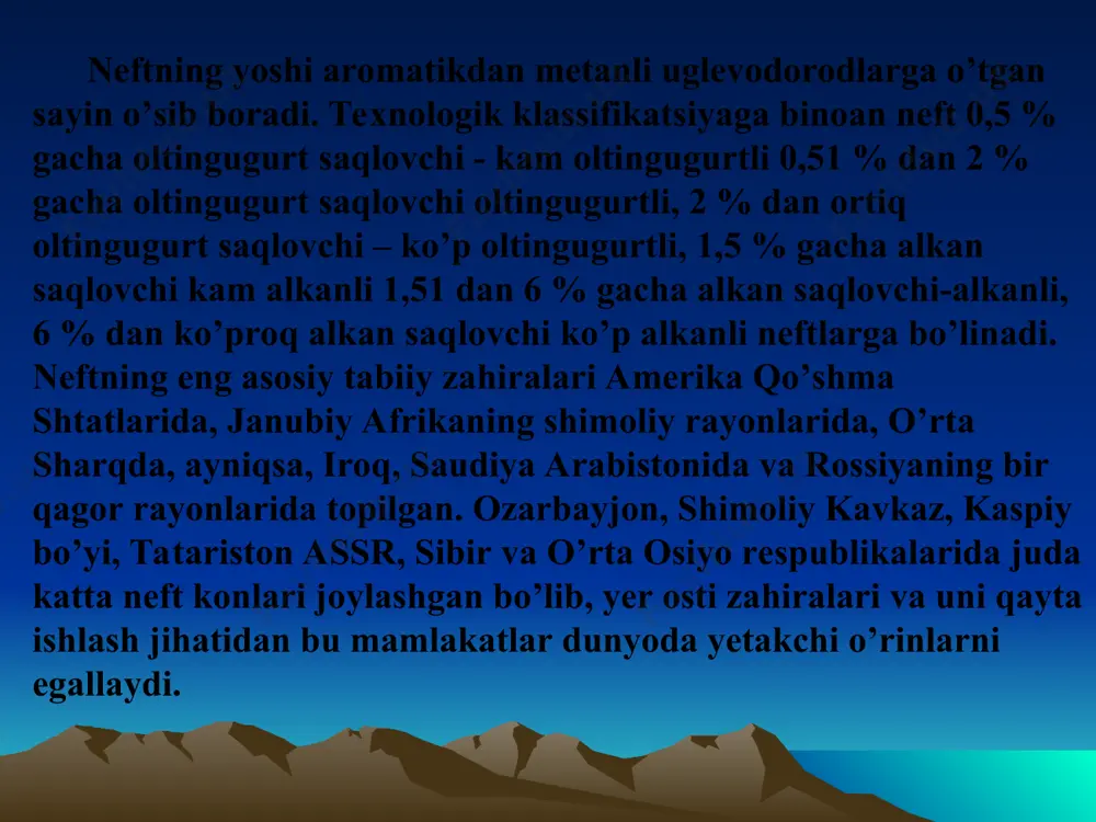 h usullari. 5. neftni qayta ishlash sanoati mahsulotlariga qо‘yiladigan talablar. 6. neft mahsulotlarini davlat standartlariga mos kelishi. e’tiboringiz uchun rahmat!