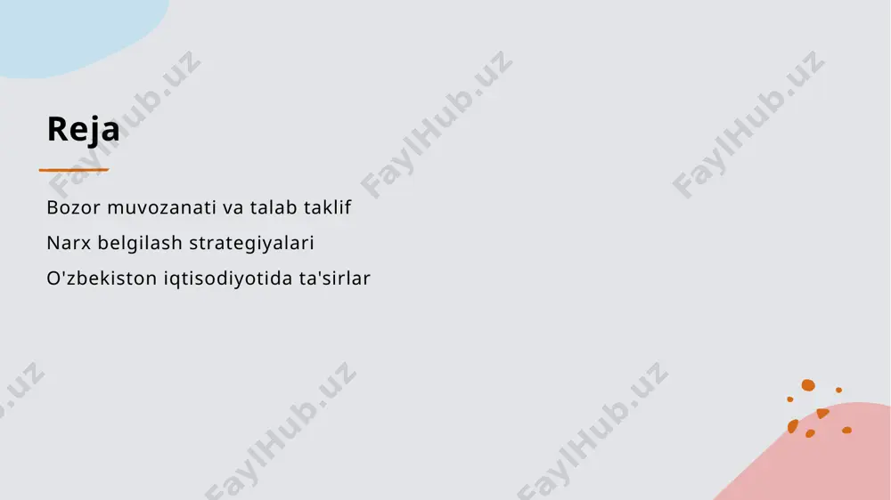 natining shakllanishi. bozor strukturasi o'zbekiston iqtisodiyotida bozor strukturasining shakllanishi, iqtisodiy resurslarning taqsimlanishi va tadbirkorlik faoliyatining rivojlanishiga bog'liq. talab va taklif bozor muvozanatini ta'minlash uchun talab va taklif o'rtasidagi muvozanatni saqlash muhimdir, bu esa narxlarning barqarorligini ta'minlaydi. davlat siyosati o'zbekistonda davlat siyosati bozor muvozanatini shakllantirishda muhim rol o'ynaydi, chunki u iqtisodiy islohotlar va tartibga solish orqali amalga oshiriladi. innovatsiyalar ta'siri innovatsiyalar va yangi texnologiyalar, o'zbekiston iqtisodiyotida bozor muvozanatini shakllantirishda muhim omil bo'lib, raqobatni oshirishga yordam beradi. narx belgilashning o'zbekistondagi iqtisodiy ta'sirlari. 1 narx belgilash mexanizmi o'zbekistonda narx belgilash mexanizmi, bozor sharoitlariga mos ravishda talab va taklifning o'zaro ta'siri orqali shakllanadi. 2 iqtisodiy o'sishga ta'siri narx belgilash strategiyalari iqtisodiy o'sishga sezilarli ta'sir ko'rsatadi, chunki ular investitsiyalar va iste'mol xarajatlarini rag'batlantiradi yoki pasaytiradi. 3 narx barqarorligi o'zbekistonda narx barqarorligini ta'minlash, inflyatsiyani nazorat qilish va iqtisodiy stabilitetni saqlashda muhim rol o'ynaydi, bu esa iste'molchilar ishonchini oshiradi. xulosa 1 bozor muvozanati ahamiyati - bozor muvozanati …