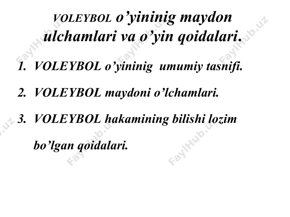 lanishi. voleybol o‘yinining dastlabki rasmiy o‘yin qoidalari 1896 yilda ishlab chiqilgan. voleybolning borgan sari ommaviylashib borishi va ishtirokchilarning o‘yin mahorati shakllana borishi bilan bir qatorda musobaqa qoidalari ham o‘zgarib, takomillashib borgan. 1900 yil – hisob 21 ochkogacha, to‘rning balandligi 213 sm; 1912 yil – maydoncha 10,6 x 18,2 m, to‘r – 228 sm; 1917 yil – hisob 15 ochkogacha, to‘rning balandligi 243 sm; 1918 yil – o‘yinchilar soni bir jamoada – 6 ta; 1922 yil – to‘pni faqat 3 marta o‘ynash, maydoncha 9,1 x 18,2 m; 1925 yil – to‘p 66-69 sm, og‘irligi 275-285 g, maydoncha 9 x 18 m; 1934 yil – to‘r ayollar uchun 224 sm. qoidalar rasmiy holda to‘liq 1946 yilda joriy etilgan, lekin 1951 yilga kelib marselda fivb kongressi tomonidan tasdiqlandi. 1947 yil – erkaklar o‘rtasida o‘yin 5 partiyadan iborat. 1950 yil – ayollar o‘yini 5 partiyadan iborat. 1952 yil – tanaffus 1 partiyada 2 marta. …