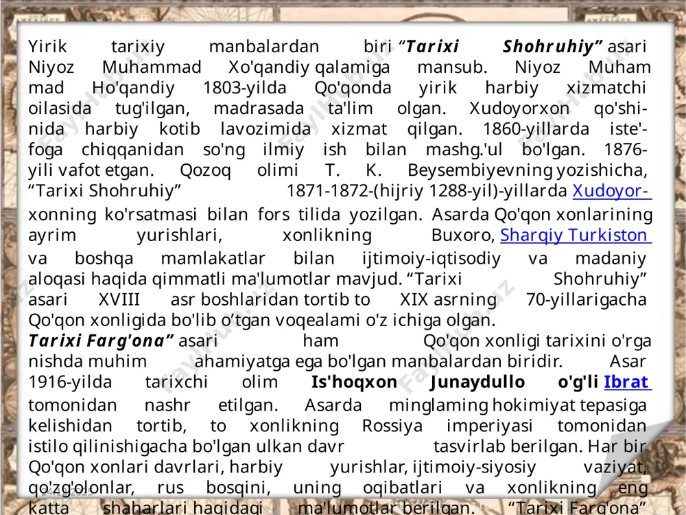1-1733 йй. абдукаримбий – 1733-1750 йй. абдураҳмонбий – тўққиз ой ҳукмронлик қилган эрдонабий – 1751-1753йй. бобобек – 1753-1754 йй. эрдонабий (иккинчи марта) – 1755-1769 йй. сулаймонбек – 1769 йилда олти ой ҳукмронлик қилган норбўтабек – 1770-1801 йй. олимхон – 1801-1810 йй. умархон – 1810-1820 йй. муҳаммад алихон – 1821-1842 йй. бухоро амири ноиби исҳоқ манғит – 1842 й. уч ой. шералихон – 1842-1844 йй. худоёрхон – 1845-1858, 1863(тўрт ой), 1865-1875 йй. маллахон – 1858-1862 йй. шоҳмуродбек – 1862-1863 йй. султон муродхон – 1863-1865 йй. насриддинбек – 1875-1876 йй. olimxon davrida o'tkazilgan harbiy islohotga ko'ra botirlar deb ataluvchi muntazam armiya ham tuzila boshlangan. har bir botirga oyiga 50 tanga maosh belgilangan. 04.02.2024 22 muhtasib -shariat qonunlarining fuqarolar tomonidan bajarilishini nazorat qiluvchi amaldor. shig'ovul -mansabdorlar ishi ustidan nazorat qilib boruvchi amaldor. sarkor -davlat xazinasiga tushadigan mahsulotlarni saqlovchi amaldor. daftardor -xonning shaxsiy daromadi hisob-kitobini olib boruvchi amaldor. image2.jpeg image3.png image4.jpeg image5.jpeg image6.jpeg image7.jpeg …