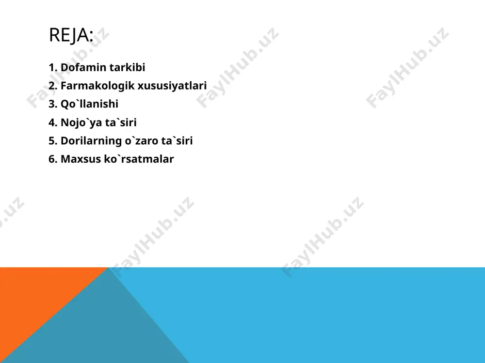 n dofaminning 25% gachasi qayta qamrab olinish mexanizmi bilan neyrovezikulalarga tushadi va noradrenalinning sintezi uchun ishlatiladi ta‘sirini boshlanishi – yuborish boshlanganidan keyin taxminan 5 minut, oxiri – infuziya tugaganidan keyin – 5-10 minut o‘tgach samarasi tugaydi. qo`llanishi: shok holati yoki shokni kelib chiqishi natijasidagi xavf soluvchi holatlar: -o‘tkir miokard infarkti oqibatidagi yurak yetishmovchiligi (kardiogen shok); -og‘ir infeksiyalar (infeksion-toksik shok); -operasiyadan keyingi shok holati; -arterial bosimining turli genezli og‘ir pasayishi (og‘ir gipotenziya); -o‘ta yuqori sezuvchanlik reaksiyalarida (anafilaktik shok) qo‘llanadi. dozasi dozalar tana vazni 50 kg tana vazni 70 kg tana vazni 90 kg 2 mg/kg/min 1,5 ml/soat 2,1 ml/soat 2,7 ml/soat 5 mg/kg/min 3,75 ml/soat 5,25 ml/soat 6,75 ml/soat 10 mg/kg/min 7,5 ml/soat 10,5 ml/soat 13,5 ml/soat 20 mg/kg/min 15 ml/soat 21 ml/soat 27 ml/soat 50 mg/kg/min 37,5 ml/soat 52,5 ml/soat 67,5 ml/soat agar infuziya uchun eritmani tayyorlash uchun 40 mg/ml dofamin-darnisa konsentratining bir ampulasi 50 ml infuziya uchun eritmada eritilsa, …