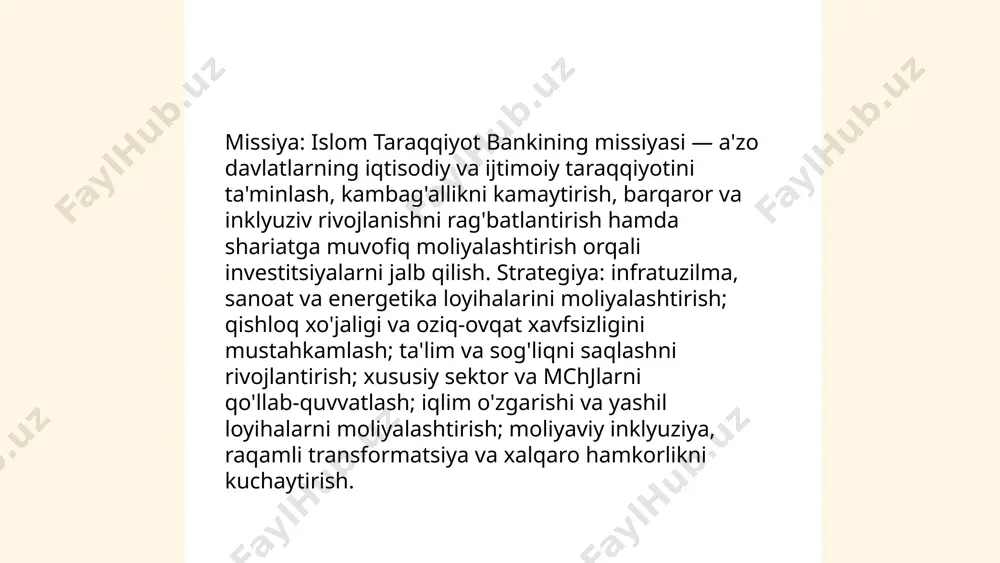 iyalar o‘sishiga erishiladi. ... t.me/slaydai_bot islom taraqqiyot bankining korporativ boshqaruvi boshqaruv kengashi (a'zolari — a'zo davlatlar moliya vazirlari), 12 ta ijro etuvchi direktordan iborat ijro etuvchi kengash, prezident va vitse-prezidentlar hamda mustaqil shariat kengashi tomonidan shakllantiriladi. boshqaruv printsiplari: shaffoflik, hisobdorlik, shari'atga muvofiqlik, xatarlarni boshqarish va strategik rejalashtirish. prezident boshqaruv kengashi tomonidan saylanadi. boshqaruv moliyaviy nazorat, ichki audit, korporativ risk boshqaruvi va a'zo davlatlar bilan siyosat muvofiqligiga yo'naltirilgan. ... t.me/slaydai_bot islom taraqqiyot bankining mijozlarga xizmat ko‘rsatish siyosati mijoz markazli, shaffof va adolatli prinsiplarga asoslanadi. 1) mijozlar murojaatlari 24 soat ichida qabul qilinadi; 2) standart javob 3 ish kuni; 3) kompleks shikoyatlar 15 ish kungacha ko‘rib chiqiladi; 4) 2 bosqichli eskalatsiya — filial va markaziy nazorat; 5) yozma yoki elektron arizalar, 1-800 raqam va mobil ilova orqali qabul qilinadi; 6) mijozlar roziligi uchun so‘rov va qayta aloqa mexanizmi mavjud. ... t.me/slaydai_bot islom taraqqiyot banki (1973 yilda tashkil etilgan, 57 a'zo davlat) davlatlar …