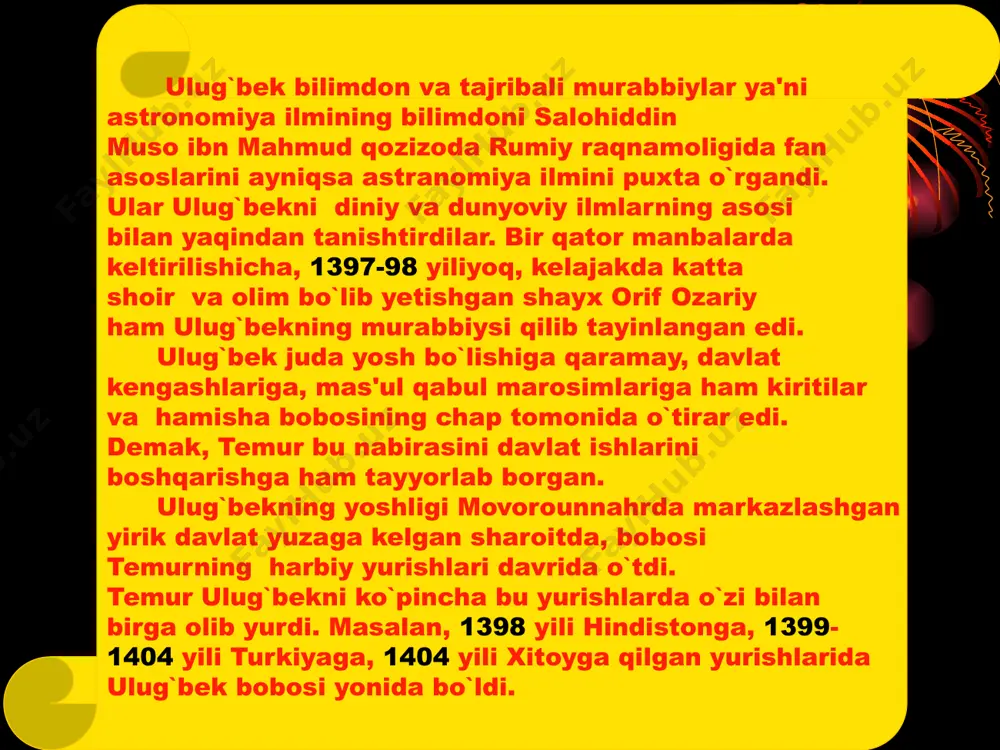 o`p tomli kitoblar bo`lgan. ulug`bek yunon olimlaridan aflotun, aratsu, gipparx, ptolemeylarning klassik asarlari bilan tanish bo`lgan va o`z vatandoshlari ahmad farg`oniy,beruniy, ibn sino, xorazmiy kabi olimlarning asarlarini yaxshi o`rgangan. samarqanddagi ulug`bek madrasasi faqat oliy uquv yurtigina emas, rasadxona bilan birga olganda o`sha davrning akademiyasi ham edi. ulug`bekning ustozi zamonasining mashhur olimi, matematik va astronom qozizoda rumiy madrasa muallimlaridan biri bo`lgan. ulug`bekning o`zi ham astronomiyadan dars bergan,qiyosiddin jamshid koshiy, muyniddin, mansur koshiy, muhammad birjoniy ulug`bek maktabining taniqli astronomlari edilar. ulug`bek olib borgan ilmiy ishlarida unga yaqindan yordam bergan shogirdlaridan biri ali qushchidir. samarqanddagi me'morchilikning nodir namunalaridan biri ulug`bek rasadxonasidir. bu inshoot ulug`bek farmoyishi bilan 1428-29 yillarda kuhak (cho`ponota) tepaligida obirahmat arig`i buyida bunyod etilgan. rasadxona silindr shaklida uch qavatli, balandligi 30,4 metrdan iborat ulkan bino bo`lgan. rasadxona o`rta asrlarda asbob-uskunasi jihatidan ham beqiyos bo`lgan. sharq astronomiyasida muhim ahamiyatga ega bo`lgan "ziji jadidi kuragoniy" asari ham shu yerda yaratilgan. boburning yozishicha, ulug`bek …