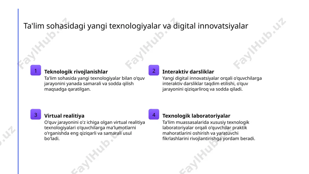 a rivojlanadi. 3 darsliklar va o'quv materiallari darsliklar va o'quv materiallari xalqaro standartlarga muvofiq yangilanadi va o'zgaradi. bu o'quv jarayonini sifatli va samarali qilishda yordam beradi. o'qituvchilarni malakasini oshirish tizimi o'qituvchilarni malakasini oshirish tizimi talabalarning o'qishni osonlashtiradi va ta'lim sifatini yuqori darajada oshiradi. tizim o'qituvchilarga yangi texnologiyalar va metodikalar bilan tanishish, malakalarini rivojlantirishga yordam beradi. photo by felicia buitenwerf on unsplash modern texnologiyalardan foydalanish strategiyasi 01 texnologiyalar va ta'limning integratsiyasi texnologiyalar va ta'lim o'rtasidagi chegaralar niqobi o'chirilganda, o'quvchilar samarali va innovatsion yondashuvlar yaratishadi. 02 interaktiv darsliklar va onlayn platformalar interaktiv darsliklar va onlayn platformalar o'quvchilarga o'zlashtirilgan va samarali ta'limning imkoniyatlarini ta'minlaydi. 03 texnologiyalar ustida o'qitishning taraqqiyoti texnologiyalar ustida o'qitishning taraqqiyoti ta'lim jarayonini yangilash va o'quvchilarni qiziqtirishga yordam beradi. ta'lim sohasidagi innovatsiyalar va yangiliklar bilan tanishish. 1 ta'limda texnologiyalarni qo'llash ta'lim sohasida innovatsiyalar va yangiliklar bilan tanishishda, texnologiyalar qo'llanishi zamonaviy ta'lim usullarini rivojlantirishga yordam beradi. 2 virtual darslar va onlayn ta'lim …