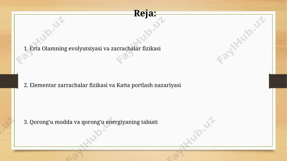 00 yil ichida vujudga kelgan fotonlarning izini aks ettiradi. elementar zarrachalar fizikasi, masalan, katta birlashish nazariyalari (gut), erkin protonlar va neytronlarning nisbatini tushuntirishga yordam beradi va bu nisbat kosmik nurlanishning tarkibiga ta'sir qiladi. baryogenez va zarrachalar antizarrachalar asimmetriyasi baryogenez jarayoni, katta portlashdan keyin 10⁻³⁶ soniyadan keyin, 10¹⁵ gev energiya darajasida yuz bergan boʻlishi mumkin va bu jarayon yer kabi sayyoralarni tashkil etuvchi protonlarning antiprotonlardan ustun boʻlishini tushuntiradi. katta portlash modeli bo'yicha, dastlabki olam zarrachalar va antizarrachalar simmetriyasiga ega edi, biroq baryogenez tufayli 10⁹ antiprotonlarga nisbatan 10⁹+1 proton mavjud bo'lib qoldi, bu esa hozirgi koinotdagi moddani tushuntirishga yordam beradi. katta portlashdan keyingi birinchi soniyalarda yuz bergan jarayonlar katta portlashdan keyin bir necha daqiqada, proton va neytronlarning birlashishi natijasida yadro sintezi jarayoni boshlandi. bu jarayon natijasida vodorod va geliyning birinchi yadrolari, ya'ni olamning asosiy elementlari hosil bo'ldi. katta portlashdan keyingi birinchi soniyalarda, taxminan 10⁻³⁶ soniya atrofida, inflyatsiya davri sodir bo'lgan, bu davrda …
