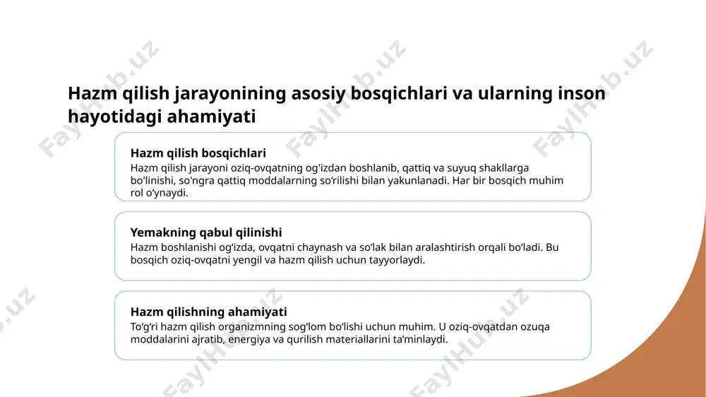 ida organizm ichki va tashqi muhitdan ozuqa elementlarini samarali olib, foydalanadi. hazm qilish jarayonida enzymlarning faoliyati va ularning ishlash mexanizmi 1 enzim faoliyati enzymlar biologik katalizatorlar bo‘lib, hazm qilish jarayonida oziq-ovqat moddalarini parchalaydi. ular substrat bilan bog‘lanib, reaktsiyalarni tezlashtiradi. 2 ishlash mexanizmi enzymlar substratga mos keladigan aktiv maydon orqali bog‘lanadi, so‘ngra kimyoviy reaksiyani amalga oshiradi va mahsulotni ajratadi. bu jarayon energiya tejamkor bo‘ladi. 3 regulyatsiya va optimal sharoitlar enzimlar faoliyati ph, harorat va substrat konsentratsiyasiga bog‘liq. to‘g‘ri sharoitlar ularning samaradorligini oshiradi va hazm qilishni boshqaradi. enzymlar va oziq-ovqat moddalari: sog‘liq va ovqatlanishdagi ahamiyati 1 enzimlarning roli enzymlar hazm qilish jarayonida ovqatni qismlarga ajratib, ularning organizm tomonidan oson singdirilishini ta'minlaydi. ular oshqozon va ichaklarda faoliyat yuritadi. 2 oziq-ovqat moddalari oziq-ovqat tarkibidagi uglevodlar, yog‘lar va oqsillar enzimalar yordamida parchalab, energiya va qurilish materiallariga aylantiriladi. 3 sog‘liqdagi ta'siri to‘g‘ri enzimlar va moddalarning mavjudligi sog‘lom hazm qilishni ta’minlaydi, oshqozon-ichak muammolarini oldini oladi va umumiy …