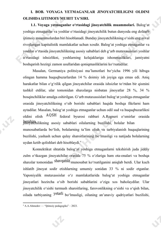 nadilar. oʻzbekiston respublikasi jinoyat kodeksiga binoan balogʻat yoshiga etmagan huquqbuzar deb jinoyat sodir etish paytiga kelib 14 yoshga toʻlgan, lekin hali 18 yoshga toʻlmagan shaxslar hisoblanadilar. balogʻat yoshiga etmaganligi javobgarlikni yumshatuvchi holat sifatida qaraladi. masalan, balogʻat yoshiga etmaganlarga nisbatan bazi bir jazolar koʻzda tutilmagan, xususan, oʻlim jazosi. oʻzbekiston respublikasi sud amaliyotida hukmni ijro etishni kechiktirishdan keng foydalanishni alohida taʼkidlash kerak, bundan hozirgi kunda ozodlikdan mahkum etiladigan hamma balogʻat yoshiga etmaganlarning taxminan yarmiga nisbatan qoʻllanilmoqda. bundan tashqari, huquqbuzarlarning maʼlum qismi (20 % dan ortigʻi) jazo berilishdagi yoki jinoiy javobgarlikdan ozod etilmoqda.[footnoteref:5] bu ishlar boʻyicha materiallar yoki balogʻatga etmaganlar ishlari boʻyicha komissiyalarga yuboriladi yoki ularga nisbatan majburiy tarbiyalash choralari qoʻllaniladi, masalan, quyidagilar: [5: i.arifxodjaeva ichki ishlar idoralari xodimlari faoliyati psixologiyasi. oʻquv qoʻllanma. toshkent 2008 yil.] 1) ogohlantirish; 2) ularni ota-onalari yoki ularni oʻrnini bosuvchi shaxslar, yoki maxsus davlat organlari nazoratiga topshiriladi. 3) keltirgan zararini qoplash majburiyati yuklatiladi. 4) boʻsh vaqti cheklanadi va …