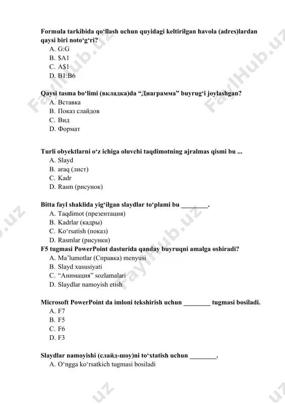 belgi va raqamlar b. raqam, tinish belgilari, lotin alfaviti harflari, arifmetik amallar c. kirill harflari, rim raqamlari va matematik belgilar d. harf, raqam, ajratkichlar, tinish belgilar c++ dasturlash tilida matematik standart funksiyalardan foydalanish uchun qanday nomdagi kutubxona kalit so'zidan foydalaniladi? a. math.h yoki cmath b. matematic c. graph yoki cmath d. cmath yoki math a sonining kubini c++dasturida tozing. a. pow(a,3) b. abc(a*a*a) c. log(a,3) d. exp(a,3) c++ da cout <<“salom” buyrug`idan keyin ekranga nima chiqadi? a. salom so’zi chiqadi b. hech narsa chiqmaydi c. salom o’zgaruvchining qiymatini kiriting yozuvi chiqadi d. salom o`zgaruvchining qiymati chiqadi c++ da kiritish va chiqarish operatorlarini toping. a. cin va cout b. int va float c. float va cin d. cout va int axborotni muhofaza etish tushunchasi nimani anglatadi? a. axborot borasidagi xavfsizlikka tahdidlarni oldini olish va ularni oqibatlarini bartaraf etish chora-tadbirlarini b. axborotni tarqatish chora-tadbirlarini c. axborot erkinligini d. shaxs manfaatlarini himoyalanganlik holatini …