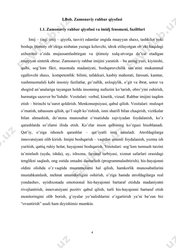 olinganidan so’ng yaratiladigan obrazlar vositasida fikrlash tizimlari kiradi. imijning emotsional jihatlariga ayni holda assotsiatsiyalar, sezgilar, ruhiy holatning shaxsiy xususiyatlari, sharoit ta’siri va hokazolar kiritiladi. djonatan svift ta’kidlagan: «jamiyatda yorqin ko’rinish ko’pchilikka ham berilavermaydi, ammo ko’pchilik insonlar yoqimtoy bo’lishi mumkin». imijda notiqlik san’ati asosiy o’rinni egallaydi. napoleon shunday degan edi: «nutqini ushlay olmaganlar, rahbar bo’la olmaydilar». rahbar - boshqaruvchilik yuz tuzilishi, auditoriya oldida hamkor bo’lsin yoki qo’l ostidagi ishchi bo’lsin so’zlashni bilishi zarur. 5-7 minutlik ma’ruzada ishdagi hamkorlarga yoqishi uchun quyidagilarga ahamiyat berishi lozim: birinchidan, o’z aqlingiz bilan fikrlang, ikkinchidan, auditoriyaning sizga bergan tavsiyalarni tezda tutib olishingiz zarur. o’zingiz xohlagan narsalarni gapirmang. ba’zan auditoriya uchun dolzarb bo’lgan muammoda to’xtalib o’tishingiz mumkin, uchinchidan, asosiy nuqtalarga e’tiboringizni qarating, real hayotni qanchalik bilishingizni ko’rsating, insonlarning turmush sharoiti hamda biznesda nimalarga erishishni xohlashi haqida so’zlang va boshqalar, to’rtinchidan, o’z fikrlaringizni mantiqan o’ylab gapiring. beshinchidan, ma’ruzada insonlarning e’tiborini tortadigan joylarni aniqlab oling. siz ko’tarib chiqqan muammolarning …
