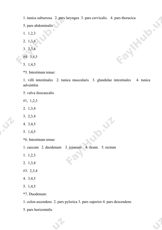 #1. 1,2,3 2. 1,3,4 3. 2,3,4 4. 3,4,5 5. 1,4,5 *15. cavum nasi 1. papillae foliatae 2. cartilago arytenoidea 3. concha nasalis superior 4. concha nasalis media 5. concha nasalis inferior 1. 1,2,3 2. 1,3,4, 3. 2,3,4 #4. 3.4.5 5. 1,4,5 *16. cavum nasi : 1. meatus nasi superior 2. meatus nasi medius 3. meatus nasi inferior 4. meatus nasi posterior 5. cartilago arytenoidea #1. 1.2.3 2. 1,3,4 3. 2,3,4 4. 3,4,5 5. 1,4,5 *17. larynx: 1. aditus ad antrum 2. vestibulum oris 3. aditus laryngis 4. vestibulum laryngis 5, m. arytenoideus transversus 1. 1,2,3 2. 1,3,4 3. 2,3,4 #4. 3,4,5 5. 1,4,5 *18. trachea: 1. pars abdominalis 2.ars cervicalis 3.pars laryngeus 4.pars thoracica 5.lig.annularia 1. 1,2,3 2. 1,3,4 3. 2,3,4 4. 3,4,5 #5. 2,4,5 *19. bronchus: 1. bronchus laryngeus 2. brochus principalis 3. bronchus lobares 4. bronchus segmentales 5. bronchus alveolaris 1. 1,2,3 2. 1,3,4 #3. 2,3,4 4. 3,4,5 …