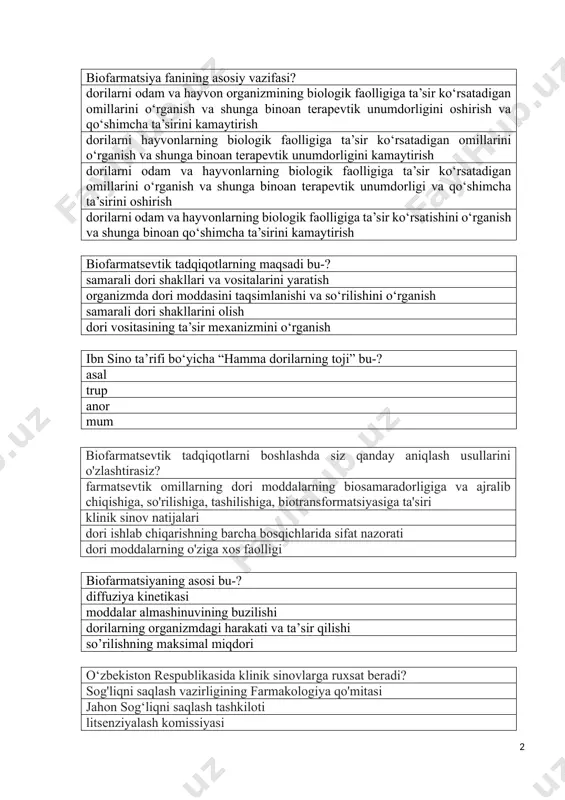 ng maqsadi bu-? samarali dori shakllari va vositalarini yaratish organizmda dori moddasini taqsimlanishi va so‘rilishini o‘rganish samarali dori shakllarini olish dori vositasining ta’sir mexanizmini o‘rganish ibn sino ta’rifi bo‘yicha “hamma dorilarning toji” bu-? asal trup anor mum biofarmatsevtik tadqiqotlarni boshlashda siz qanday aniqlash usullarini o'zlashtirasiz? farmatsevtik omillarning dori moddalarning biosamaradorligiga va ajralib chiqishiga, so'rilishiga, tashilishiga, biotransformatsiyasiga ta'siri klinik sinov natijalari dori ishlab chiqarishning barcha bosqichlarida sifat nazorati dori moddalarning o'ziga xos faolligi biofarmatsiyaning asosi bu-? diffuziya kinetikasi moddalar almashinuvining buzilishi dorilarning organizmdagi harakati va ta’sir qilishi so’rilishning maksimal miqdori o‘zbekiston respublikasida klinik sinovlarga ruxsat beradi? sog'liqni saqlash vazirligining farmakologiya qo'mitasi jahon sog‘liqni saqlash tashkiloti litsenziyalash komissiyasi axloqiy komissiya biologik samaradorlik bu-? organizmga yuborilgan dori shaklining bir qismining qon aylanish tizimiga tushishi, uning so‘rilish darajasi, tezligi va eliminatsiyasi qon aylanish tizimiga tushgan bir qism dori moddasining qondagi miqdori dori vositasining terapevtik samaradorligi organizmga yuborilgan dori moddasining miqdori farmatsevtik omillarga kiradi? dorini …