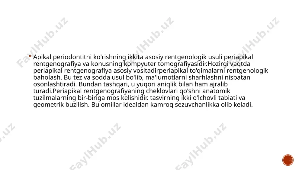 orbsiyasini boshdan kechirdi, ildiz yuzasida chuqurchalar va qo'shni suyakning radiolyusentlik joylari. jarayonga ildizning butun uzunligi, shu jumladan apikal uchinchi qismi jalb qilingan. (c) 22-tishning shikastlanishidan bir yil o'tgach periapikal rentgenogrammasida apikal periodontitning bartaraf etilishi va ildiz yuzasi shakli doimiy ravishda o'zgarib turgan bo'lsa-da, rezorbsiya jarayoni to'xtaganligi ko'rsatilgan. 4-rasm apikal periodont. (a) 11, 21 va 22 tishlarning rentgenogrammasi. sariq strelkalar 11 va 22 tishlarning rentgenografik uchlari holatini ko'rsatadi, 22 tishning katta periapikal depressiyasiga e'tibor bering. (b, c) (b) ning sagittal cbct ko'rinishi. 3b 11 va (c) 3b 22. sariq o'qlar an'anaviy rentgenogrammalarda rentgenogramma cho'qqilariga to'g'ri keladigan tish ildizlarining eng apikal nuqtasining holatini ko'rsatadi. tishlarning apikal teshiklarining holati (ko'k o'qlar) ko'proq koronaldir. 5-rasm periodontal ligament. (a va b) pastki jag' tishlarining periapikal rentgenogrammasi. mezio-distal tekislikda 45-tishning periodontal ligamenti va kortikal plastinkasi. (c-f) (c) eksenel, (d) koronal va (e) sagittal planesdagi bir xil tishning cbct tasvirlari periodontal ligament va kortikal plastinkani yanada ob'ektiv …