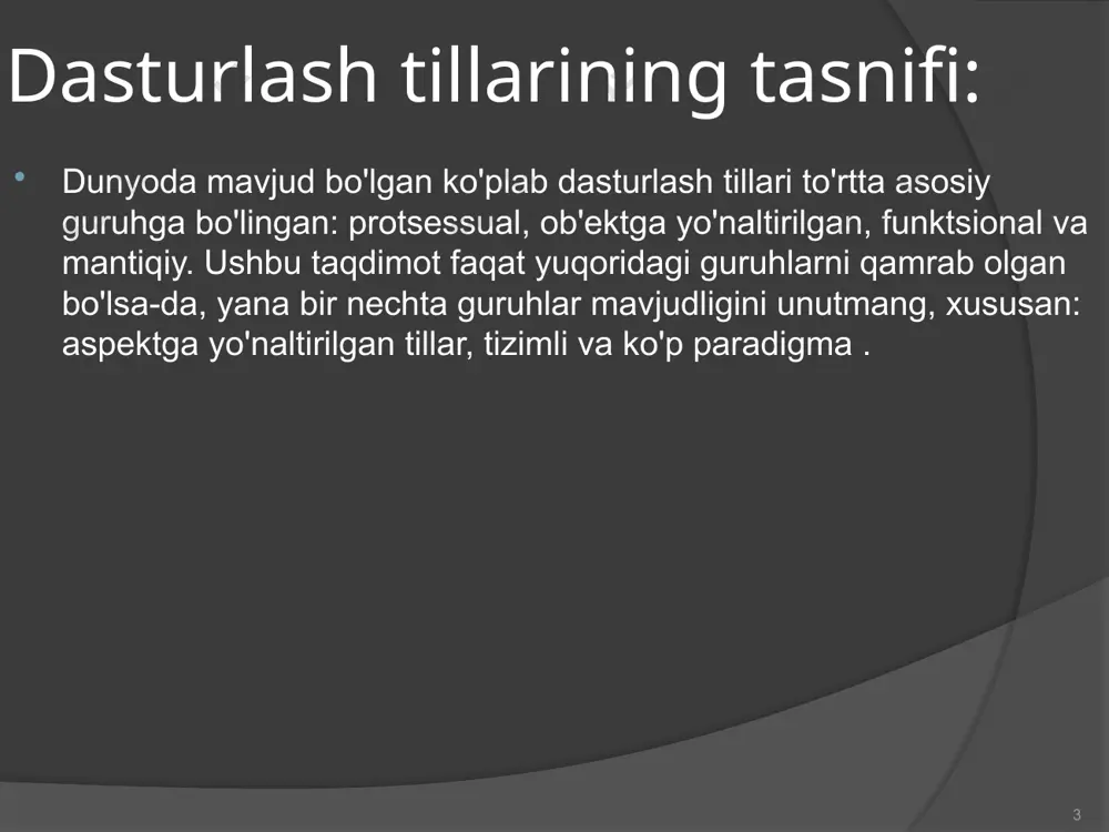 riy ta'minotni ishlab chiqishning texnik tsikli haqida gapirganda, dasturlash muhiti kabi narsalarni eslatib o'tish kerak. dasturlash muhiti - bu dasturni ishlab chiqishning texnologik tsiklini ta'minlovchi dasturlar to'plami: tahlil qilish , spetsifikatsiya qilish , loyihalash , kodlash (tahrirlash, kompilyatsiya qilish, bog'lash) , sinovdan o'tkazish , disk raskadrovka . dasturlash muhitining asosiy komponentlariga quyidagilar kiradi: 1) muharrir - dastur matni bilan manba fayllarni yaratish va o'zgartirish uchun vosita. 2) kompilyator - dastlabki faylni ma'lum bir kompyuter uchun mashina kodidagi buyruqlarni o'z ichiga olgan ob'ekt fayliga aylantiradi. 3) bog'lovchi (bog'lovchi) - dasturning ob'ekt fayllarini to'playdi va bajariladigan faylni hosil qiladi (ob'ekt fayllari o'rtasida tashqi havolalarga ruxsat berish). 4) nosozliklarni tuzatuvchi - bu xatolarni diagnostika qilish uchun individual dastur bayonotlari darajasida bajariladigan faylning bajarilishini boshqarish vositasi. 8 dasturiy ta'minotni ishlab chiqishning texnologik tsikli: 9 tahrirlash: dasturlash nuqtai nazaridan tahrirlash dastur yozishda deyarli ajralmas jarayondir. ko'pincha bu manba kodini haqiqiy yozish paytida sodir bo'ladi. tahrirlash …
