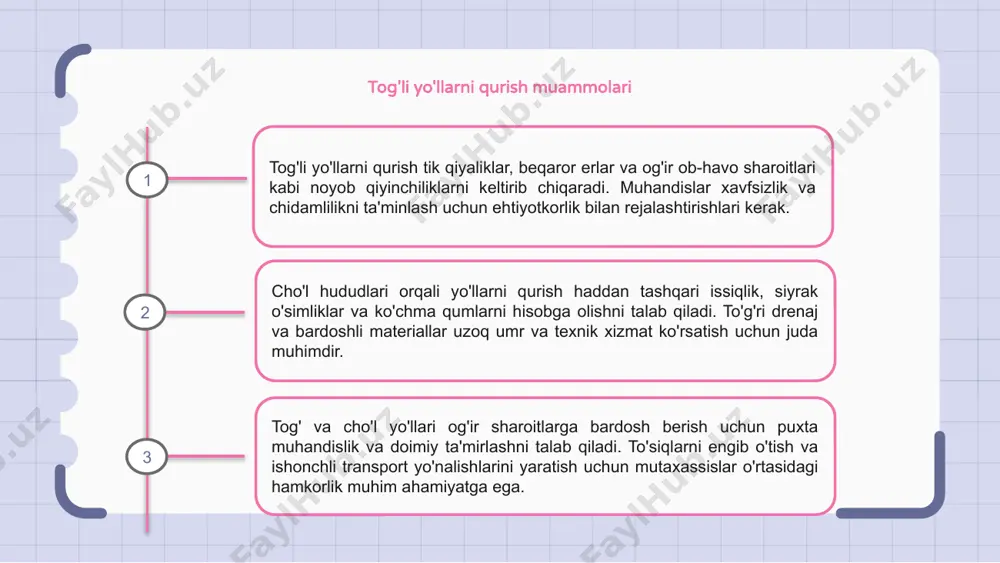 i omillarni hisobga olish muhimdir. hududning tabiiy topografiyasiga moslashish va yo'llarda harakatlanayotgan haydovchilar uchun baxtsiz hodisalar xavfini kamaytirish uchun egri chiziqlar ehtiyotkorlik bilan rejalashtirilishi kerak. haydovchilarni yaqinlashib kelayotgan egri chiziqlar haqida ogohlantirish va ushbu qiyin muhitda sayohat qilishda ularning xavfsizligini ta'minlash uchun tegishli belgilar, yo'l belgilari va to'siqlar o'rnatilishi kerak. cho'l yo'llari bo'ylab noyob flora va fauna tog'li yo'llar va cho'l yo'llari turli xil flora va faunani boshdan kechirish uchun noyob imkoniyatni taqdim etadi. tog'li erlar turli xil o'simlik turlari va yovvoyi hayvonlar uchun yashash muhitini yaratadi. ushbu yo'llarni o'rganish sayohatchilarga cho'l landshaftlarining go'zalligiga guvoh bo'lish va bu hududlarni uy deb ataydigan o'simliklar va hayvonlarning chidamliligini kashf qilish imkonini beradi. bu yo'llar kaktuslardan tortib cho'l hayvonlari, masalan, cho'l hayvonlari va yo'lovchilargacha, og'ir sharoitlarda gullab-yashnayotgan ajoyib ekotizimlarga qarash imkonini beradi. tog'li hududlarda infratuzilmani saqlash tog'li yo'llar va cho'l hududlari orqali o'tadigan yo'llar og'ir ob-havo sharoiti va eroziya tufayli infratuzilmani ta'mirlashda noyob …