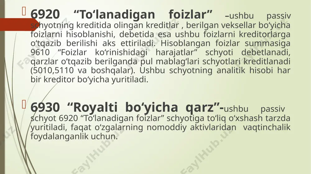 larini tarqatish , telefon-telegraf harajatlarini to‘lash uchun berilgan bo‘naklar hisoblanadi. xodimlarga bunday bo‘naklar kassadan chiqim kassa orderlari asosida beriladi. berilgan bo‘nak summalariga chiqim kassa orderlari asosida quyidagi buxgalteriya yozuvlari qilinadi: debet 4290 «xodimlarga berilgan boshqa avanslar » kredit 5010 «kassa» berilgan bo‘naklar xodimlar bilan yakuniy hisob-kitoblarni amalga oshirishda e’tiborga olinadi va xodimning tasdiqlangan bo‘nak hisobotiga asosan yopiladi, ya’ni: debet 2010 «asosiy ishlab chiqarish», 2310 «yordamchi ishlab chiqarish», 9420 «ma’muriy–boshqaruv harajatlari» , 1010-1090 «materiallar schyotlari»,1100 «boquvdagi va o‘stirishdagi mollar», 6710 « xodimlar bilan ish haqi bo‘yicha hisob-kitoblar» va boshqalar kredit 4240 «xodimlarga berilgan boshqa bo‘naklar » agar berilgan bo‘nak summasi xodimning tasdiqlangan bo‘nak hisoboti summasidan ko‘p bo‘lgan bo‘lsa, u holda ortiqcha berilgan summalar yuqorida keltirilgan tartibga o‘xshab korxona kassasiga qaytariladi yoki xodimning ish haqidan ushlab qolinadi xodimlarga berilgan avanslarning analitik hisobi ushbu schyot bo‘yicha ham har bir xodim bo‘yicha olib boriladi turli boshqa debitorlik qarzlarining hisobi. 21-son bhms ga muvofiq turli …
