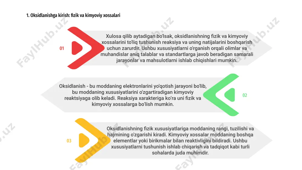 yadini anglatadi. kimyoviy formulalarda rim raqami bilan ifodalanadi. 03 oksidlanish raqamlari birikmadagi elementlarga ular qancha elektron olgan yoki yo'qotganligini ko'rsatish uchun beriladi. ular ijobiy, salbiy yoki nol bo'lishi mumkin. 02 01 oksidlanish darajasi va oksidlanish raqamlarini tushunish elementlarning bir-biri bilan qanday reaksiyaga kirishishini bashorat qilish va kimyoviy tenglamalarni muvozanatlashda juda muhimdir. oksidlanish - bu moddaning kislorod bilan reaksiyaga kirishishi va kimyoviy transformatsiyaga uchraganida sodir bo'ladigan jarayon. bunga turli xil omillar, ham fizik, ham kimyoviy ta'sir ko'rsatishi mumkin. 1 harorat, sirt maydoni, reaktivlarning konsentratsiyasi, katalizatorlarning mavjudligi va yorug'lik ta'siri oksidlanish tezligiga ta'sir qiluvchi muhim omillardir. bu omillar oksidlanish jarayonini tezlashtirishi yoki sekinlashtirishi mumkin. 2 ushbu omillarni tushunish oksidlanish reaktsiyalarini nazorat qilishda yordam beradi, ayniqsa oksidlanish materiallarning korroziyasiga yoki buzilishiga olib kelishi mumkin bo'lgan sanoat jarayonlarida. ushbu omillarni manipulyatsiya qilish orqali istalgan natijalar uchun oksidlanish tezligini optimallashtirish mumkin. 3 03 oksidlanish deganda moddaning kislorod bilan birlashishi, uning fizik va kimyoviy xossalarining o'zgarishiga …