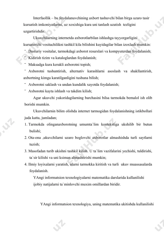 kot davomida ularning xar biri ma`lum faoliyat turlarini amalga oshiradilar. matematikaa darslarida yangi innovatsion usullardan foydalanish mashgulotlarning sifat va samaradorligini oshirishda muxim omil bulib xisoblanadi. mashgulotlar jarayonida turli matematik uyinlarning motivatsiyalash imkoniyati kengdir.uyinni rejali utkazish maksadga muvofikdir.uyinni boshlashdan oldin bir mavzu tanlab olinadi va shu uyinga kerak bulgan barcha vositalar tayyorlanadi. xar bir guruxda 5 ta ukuvch buladi (kam yoki kup bulishi xam mumkin).guruxli ishlash ukuvchilar urtasida vazifalarnianik taksimlashga tayanadi. sinfni guruxlarga ajratish xoxish yoki xisob buyicha amalga oiriladi. ukuvchilarning uyin faoliyati buyicha anik va xajm jixatidan kup bulmagan tushuntiish beriladi. ukituvchi guruxlarning ishlash tezligi turlicha bulishini xisobga olgan xolda vakt chegarasini belgilaydi. ukvchilar kerakli axborotlar paketi va ma`lumotlar bilan ta`minlanadi. ukuvchilar guruxda ishni boshlashalri uchun vazifalarini anik tushunib yetganligi tekshirib kuriladi. ukuvchilar zarurat tugilsa guruxlar yoniga navbatma-navbat kelib, tugri yunalishda ishlayotganligini kayd etadi va larga yordam beradi. guruxlarda ish yakunlangach sardor natijalari buyicha ogzaki xisobot beradi. kichik guruxlarda ishlash …