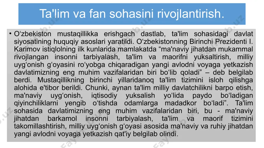 gi "umumiy o‘rta va o‘rta maxsus, kasb-hunar ta'limining davlat ta'lim standartlarini tasdiqlash to‘g‘risida"gi qarorlari o‘qitish tizimini yangi bosqichga ko‘tarishga imkon yaratadi. ushbu qarorlarga ko‘ra, umumiy o‘rta ta'lim tizimiga qator o‘zgartirishlar kiritildi. jumladan, umumiy o‘rta ta'lim maktablarining turlari belgilandi. davolash profilaktika maskanlarida statsionar sharoitda uzoq vaqt davolanishga muhtoj bolalarga bevosita muassasaning o‘zida umumiy o‘rta ta'lim berish tashkil etiladi. biroq, 2020 yilga kelib, o‘zbekiston respublikasining «ta'lim to‘g‘risida»gi qonuni va uning mazmunida ilgari surilgan g‘oyalarning amaliyotga tadbiqi tahlil etilganda bu borada muayyan kamchiliklarga yo‘l qo‘yilganligi aniqlandi. prezidentimiz sh.m.mirziyoyev tomonidan “ta'lim to‘g‘risida”gi qonuni tubdan yangi ko‘rinishda 2020 yil 23 sentyabrda imzolanib, qabul qilindi. qonunga muvofiq, ta'lim turlari quyidagilardan iborat qilib belgilandi: • maktabgacha ta'lim va tarbiya; • umumiy o‘rta va o‘rta maxsus ta'lim; • professional ta'lim; • oliy ta'lim; • oliy ta'limdan keyingi ta'lim; • kadrlarni qayta tayyorlash va ularning malakasini oshirish; • maktabdan tashqari ta'lim. shuningdek, mazkur qonun bilan, 1997 yil 29 avgustdagi …