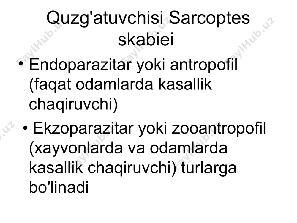 r qo'tirli limfoplaziya qo'tirning o'tkir kechishi oits bilan og'rigan bemorda norvegiya qo'tiri asoratlari • limfangit • limfaadenit • yiringlash • lixenifikatsiya • ekzematizatsiya • nevrotik reaktsiyalar yiringli asoratlangan qo'tir imetiginoz asoratlangan qo'tir ekzematoz asoratlangan qo'tir asoratlangan qo'tir davolash: : 1. parazitga qarshi preparatlar. • 33% li oltingugurt malhami (10%-20% li bolalarga). • 20% li benzilbenzoat • m p demyanovich usuli (60% tiosulfat natriy va 6%li vodorod xlorid kislotasi). • spregal – aerozol. • 10-25% benzilbenzoat malxami • krotamion 10% malxami • ivermektin 200 mg tabletka ko'rinishida jami 2 marotaba ichiladi 2. giposensibilizatsiyalovchi preparatlar. 3. antigistaminlar. 4. anilin bo'yoqlari ( briliant yashili, metilin ko'ki, fukortsin). oldini olish: • kontantda bo'lganlarni tekshirish. • dezinfektsion ishlarni amalga oshirish demodekoz kanalari demodekoz kanalari