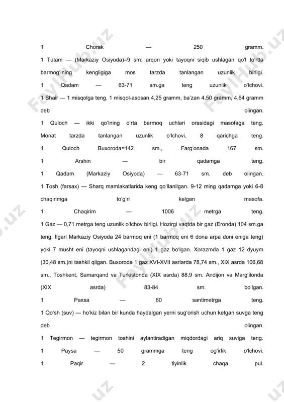 n, 1 m-4,55 bo'lgan, 19 - asrga kelib 1 arpa doni =0,0453 g, 1 m = 4,53 g bo'lgan. buxoroda misqolning ikki xil qiymati bo'lgan : 1 misqol =96 arpa doni= 4,8 g; ikkinchisi 1 misqol = 100 arpa doni =5 g bo'lgan. samarqand xalqi 6-8 -asrlardan, balki undan ham oldin og'irligi 4,46 g bo'lgan misqollarni qo'llashgan. bu misqollar ( l misqol = 4,46 g) hozirgi kunda ham mamlakatimizda, shuningdek, ba'zi sharq mamlakatlari ham qo'llanilmoqda. farg'ona vodiysida xorazmning 100 arpa doniga teng va qiymati 4,55 g bo'lgan misqoli qo'llanilgan ( 1 misqol= 100 arpa doni = 4,55 g). beruniy va ibn sino asarlarida berilgan jadvallarda misqolning o'rtacha qiymati 4,25 g ga teng qilib berilgan. misqolning boshqa mamlakatlardagi qiymatlari quyidagicha bo'lgan: misrda uning qiymati 0,195 g li 24 karat bilan aniqlanadi. bu holda 1 misqol = 24 karat = 24 x 0, 195 = 4,68 g. suriyada misqolning qiymati 3,14 g …