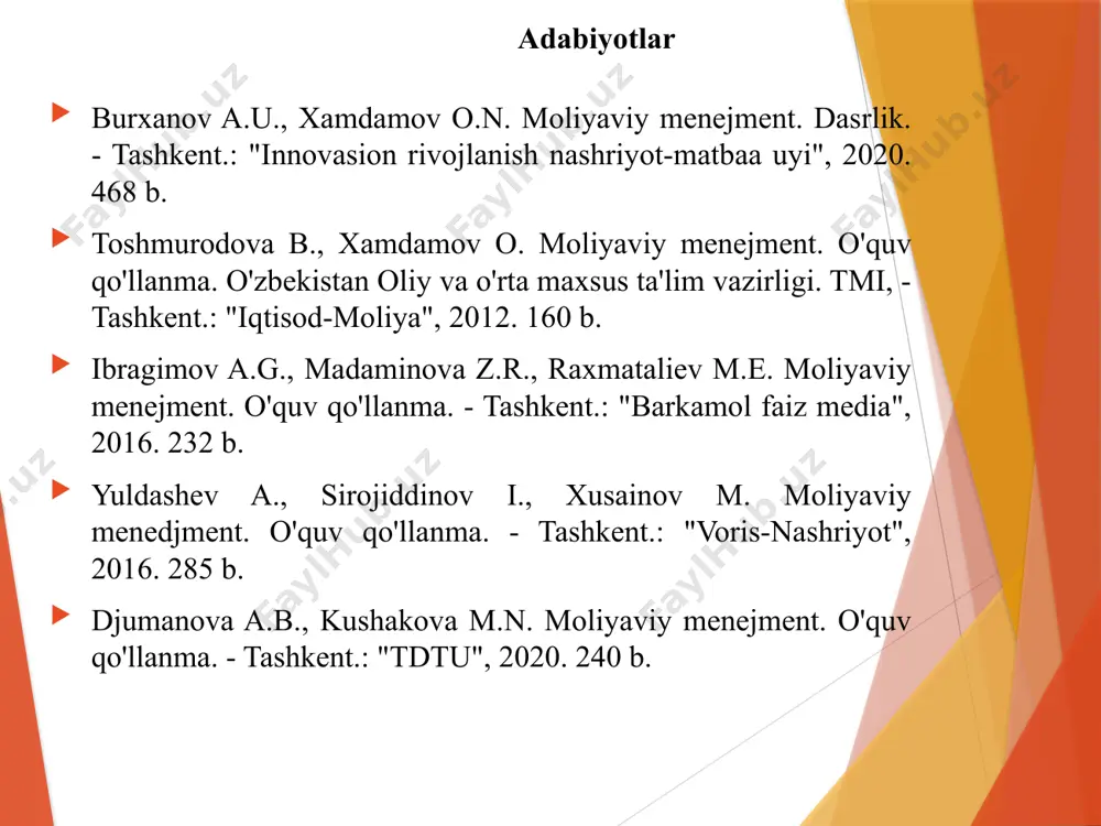 moddiy harajatlar, ish haqi, ijtimoiy sug'urta fondiga ajratma, amortizasiya ajratmasi va boshqa harajatlar qoplangandan keyin korxonaning yalpi foydasi shakllanadi. korxonada yalpi foydani taqsimlash jarayonini qo'yidagi sxemada yordamida ko'rib chiqamiz. 1-chizma. korxona va tijorat tashkilotlarda foydani taqsimlash sxemasi. foyda foydadan majburiy xarakterdagi to'lovlar korxona ixtiyorida qolayotgan foyda soliqlar va yig'imlar jamg'arish fondi bank kreditini qaytarish iste'mol fondi kredit foizi rezerv fondi ko'rilgan zararni qoplash taqsimlanmagan foyda har xil jarimalarni to'lash dividend moliyaviy menejment korxonada foydani taqsimlash siyosatini, uning takror ishlab chiqarish jarayoni va rag'batlantirishdagi rolini belgilaydi. daromadlarni taqsimlash jarayoni natijasida pul fondlari tashkil etiladi, moliyaviy dasturlar va tadbirlar amalga oshiriladi, kapitalning optimal strukturasi ta'minlanadi. moliyaviy menejmentning nazorat funktsiyasi so'm bilan nazorat orqali amalga oshiriladi. bunda to'lov va hisob kitoblarni olib borish jarayonida moliyaviy ko'rsatkichlarning o'zgarishi ustidan nazorat va moliyaviy strategiya bajarilishi ustidan nazorat o'rnatildi. moliyaviy menejmentning nazorat funktsiyasi uning takror ishlab chiqarish va taqsimlash funktsiyasi bilan doimo bog'lanib ketadi. moliyaviy menejmentning …