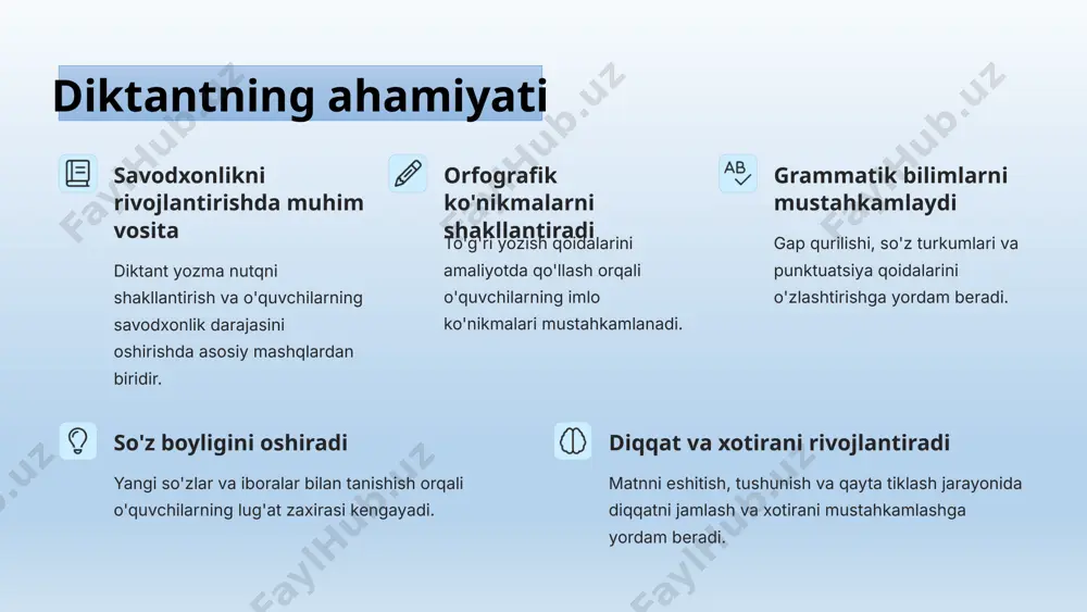 - grammatik qoida o‘rganilgach, shu qoidaga bog‘lab tashkil qilinadigan ko‘rish diktanti o‘quvchilarning yana ham kuchliroq diqqatini talab qiladi. diktant matnining doskaga o‘quvchilar ko‘zi oldida yozilishi muhimdir. chunki yozuv jarayonida o‘quvchilar so‘zlar tarkibidagi harflar bilan tanishadilar. bu vaqtda o‘quvchilar o‘qituvchi harakatiga so‘zlarning yozilishiga diqqat bilan qarab turadilar. bu hol esa doskaga yozilgan so‘zlar imlosining ular xotirasida uzoq saqlanib qolishiga imkon beradi. ba’zan ayniqsa quyi sinflarda ta’kidlash ko‘zda tutilgan so‘z doskada ko‘rsatilishidan tashqari, o‘qish va yozdirish vaqtida juda sekin va dona-dona qilib o‘qib beriladi. u vaqtda so‘z tarkibidagi barcha harflar aniq talaffuz etilishi, o‘quvchilarning eshitish a’zolariga aniq yetib borishi lozim. shu bilan birga, o‘quvchilar bu so‘z tarkibidagi o‘zak va affikslarni aniq tasavvur eta olishlari lozim. ammo bunday o‘qish o‘quvchilarga bo‘g‘inlab, harflab yozishga imkon bermasligi zarur. agar o‘quvchilar bo‘g‘inlab yozadigan bo‘lsalar bu xil yozuv mashqi o‘quvchilar bilimiga faqat sаlbiy ta’sir qiladi. 9 har bir o'quvchining individual xususiyatlarini inobatga olgan holda, uning xatolari ustida …