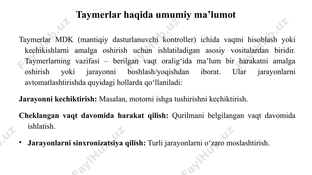 “saqlaydi” yoki “yodda tutadi” va kirish signali “0” ga tushganda (masalan kirish signali yoʻqolsa) vaqtni qaytadan boshlamaydi. agar kirish signali “1” holatiga qaytsa, taymer yigʻilgan vaqtni kelib qolgan vaqtidan davom ettiradi. shu tarzda, jarayon davomida qayerda toʻxtalgan boʻlsa, oʻsha yerdan davom etish imkoniyatini taʼminlaydi. bu xususiyat unga “retentive” yoki “saqlab qoluvchi”, “eslab qoluvchi” nomini beradi. tonr taymerining boshqa taymerlardan farqli jihatidan yana biri bu reset (qayta oʻrnatish) kirishining mavjudligidir. reset (r) kirishi orqali taymer hisoblangan vaqtini toʻliq qayta tiklash mumkin boʻladi. agar resetga “1” signal berilsa, taymer barcha saqlangan vaqt ma’lumotlarini oʻchiradi va qayta ishga tushirilganda yangidan hisoblashni boshlaydi. reset kirishi ustuvorlikga ega kirish hisoblanadi. tonr (retentive on-delay timer) – xotiraga ega kechikish taymeri tonr taymerining boshqa taymerlardan farqli jihatidan yana biri bu reset (qayta oʻrnatish) kirishining mavjudligidir. reset (r) kirishi orqali taymer hisoblangan vaqtini toʻliq qayta tiklash mumkin boʻladi. agar resetga “1” signal berilsa, taymer barcha saqlangan vaqt ma’lumotlarini …