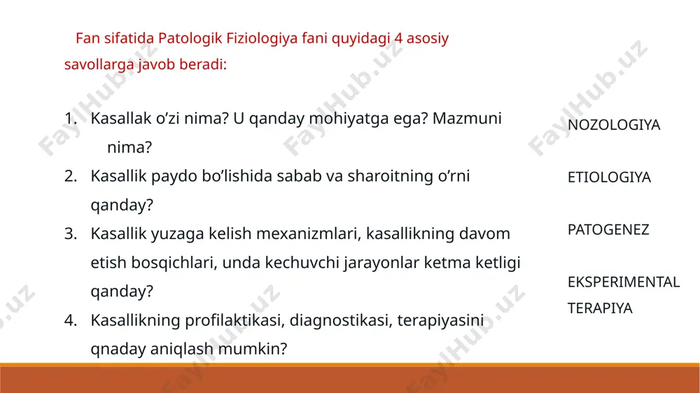 ri, kechishi va yakunlanishi haqidagi fan bo’limi. rivojlanuvchi tiplar konvergensiya divergensiya porochniy krug bosh zveno spetsifik va nospetsifik patogenez mexanizmlari latent prodromal klinik belgilar paydo bo’lish davri kasallik yakunlanishi adaptatsiya kompensatsiya tog’ri chiziq etiologiya va patogenezning bog’liqligi 1. etiologiya patogenezni yuzaga kelishiga turtki bo’ladi. (kuyish) 2. patogenez etiologiya bilan bir xil vaqtda boshlanadi. (infeksion) 3. etiologiya patologiyadan keyin ham davom etadi. (revmatizm) etiologiya patogenez kasalliklarning kelib chiqishiga ko’ra bosqichlari infeksion noinfeksion latent prodromal qo’zg’algan tugash boshlanish qo’zg’algan tugash hamma buzilgan hayotiy jarayonlarni, organizmning funksiyalarini qayta tiklanishi. inson uchun eng muhimi mehnat faoliyatining qayta tiklanishi. sog’ayish sog’ayish tugallanmagan retsidiv remissiv tugallangan asorat terminal holat preagoniya ab 60 mmhg dan past; taxikardiya; soatlab, kunlab davom etishi mumkin. agoniya mns da qaytmas o’zgarishlarning sodir bo’lishi boshlanadi; 2-4 daqiqa davom etadi; himoya-kompensator reaksiyalar zo’riqishi. klinik o’lim mns da qaytmas o’zgarishlar bo’ldi. lekin metabolizmni tiklab bemorni saqlab qolish mumkin. bemor klinik o’limga 4-5 daqiqa chidaydi …