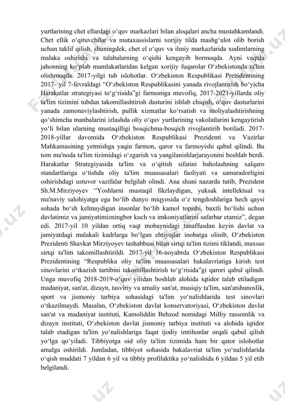 r universiteti, toshkent shahrida m.v. lomonosov nomidagi moskva davlat universiteti, i.m.gubkin nomidagi rossiya neft va gaz davlat universiteti, singapur menejmentni rivojlantirish instituti, italiyaning turin politexnika universiteti filiallari ish boshladi. shuningdek, toshkentda g.v. plexanov nomidagi rossiya iqtisodiyot akademiyasi va janubiy koreyaning inha universiteti filiallari ham o‘zbek yoshlariga o‘z ta'lim sirlarini o‘rgatmoqdalar. xorijiy universitetlarning toshkentdagi filiallari vestminster universiteti m.v.lomonosov nomidagi moskva davlat universitetining filiali i.m.gubkin nomidagi rossiya neft va gaz davlat universiteti filial singapur menejmentni rivojlantirish instituti filial turin politexnika universiteti filiali g.v.plexanov nomidagi rossiya iqtisodiyot akademiyasi filiali janubiy koreyaning inha universiteti filiali 2002 2006 2007 2008 2009 2009 2014 iqtisodiyot va biznes matematika va psixologiya neft va gaz menejmen texnika va texnologiyala iqtisodiyot axborot texnologiyalar yurtimiz va xorijdagi o‘quv maskanlarida yuzlab iqtidorli yoshlar ta'lim olmoqda va o‘z malakasini oshirmoqda. bunda xorijiy ta'lim muassasalari bilan ikki tomonlama tajriba almashish yo‘lga qo‘yilgani muhim ahamiyat kasb etmoqda. o‘zbekiston respublikasi ta'lim darajasi bo‘yicha dunyoning rivojlangan …