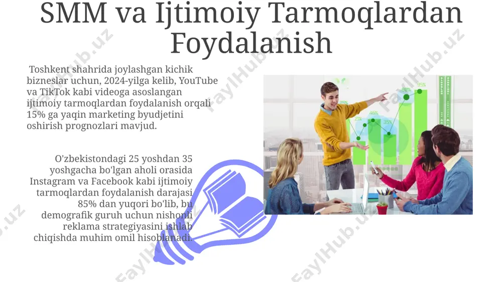 mobil ilovalar orqali reklamaga ta'sir ko'rsatgan. brending va xabardorlikni oshirish xabardorlikni oshirish uchun ijtimoiy tarmoqlarda, masalan, instagram va facebook'da 5000 dan ortiq obunachiga ega bo'lish, o'zbekiston bo'yicha reklama kampaniyasining samaradorligini 20% ga oshiradi. brending, 2023-yilgi tadqiqotlarga ko'ra, toshkentda 30% ga ko'proq mijozlarning sodiqligiga olib keladi va xabardorlikni 15% ga oshiradi. video marketing va reklama videomarketing, masalan, youtube'dagi 30 soniyali reklamalar orqali 2023-yilda aqsh bozorida 15 million dollarlik daromad keltirishi mumkin. reklama kampaniyalari samaradorligini baholashda, masalan, toshkentdagi billboardlarning 5000 kishi tomonidan ko'rilganligi kpi (kalit ko'rsatkichlar) sifatida ishlatilishi mumkin. rasm va dizaynning ahamiyati 01 02 toʻgʻri rasm va dizayn yordamida maqsadli auditoriyaga, masalan, 18-35 yosh oraligʻidagi yoshlarga, mahsulotni samaraliroq yetkazish mumkin, bu esa sotuvlarning 25% ga oshishiga olib kelishi mumkin. sales 1st qtr 2nd qtr 100 0 sales 1st qtr 2nd qtr 100 0 e'tiboringiz uchun rahmat @taqdimot_robot image4.jpg image5.jpg image6.jpg image7.jpg image8.jpg image9.jpg image10.jpg image11.jpg image12.jpg image13.jpg image14.jpg image15.jpg image1.jpeg image2.jpeg …