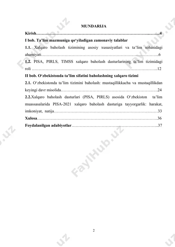kechirishni taqazo etmoqda. hozirgi kunda butun dunyo bo‘ylab har bir sohada globallashuv va integratsiya jarayonlari o‘z aksini ko‘rsatmoqda. shu qatorda taʼlim ham davlat siyosatining ustuvor sohasiga aylandi va ushbu sohada taʼlimni yangicha innovatsion g‘oyalar asosida rivojlantirish bo‘yicha islohotlar amalga oshirila boshlandi. jamiyat va hayotda sodir bo‘layotgan yangilanishlar taʼlim tizimiga ham yangicha innovatsion yondashuvni, taʼlim, fan va ishlab chiqarish o‘rtasidagi integratsiya jarayonlarini yanada tezlashtirishga zamin yaratadi, natijada yangicha innovatsiyalarni taʼlim jarayoniga tatbiq etish dolzarb masalalar qatoridan joy oldi. taʼlim sifati va samaradorligini oshirishda xorij tajribalarni o‘rganish, tizimga xalqaro standartlar talablarining joriy yetilishi muhim ahamiyat kasb yetadi. taʼlim sifatini baholash bo‘yicha xalqaro tajribalarni o‘rganish, mavjud tizim bi lan qiyosiy, xalqaro va xorijiy tashkilotlar bilan yaqindan hamkorlik qilish, tizimda taʼlim sifatini baholash bo‘yicha xalqaro loyihalarni joriy qilish, zamon talablariga javob beradigan munosib milliy baholash tizimini takomillashtirish muhim sanaladi. kurs ishining o‘rganilganlik darajasi va metodologiyasi. kurs ishini shakllantirish va uni o‘rganish davomida quyidagi normativ-huquqiy …