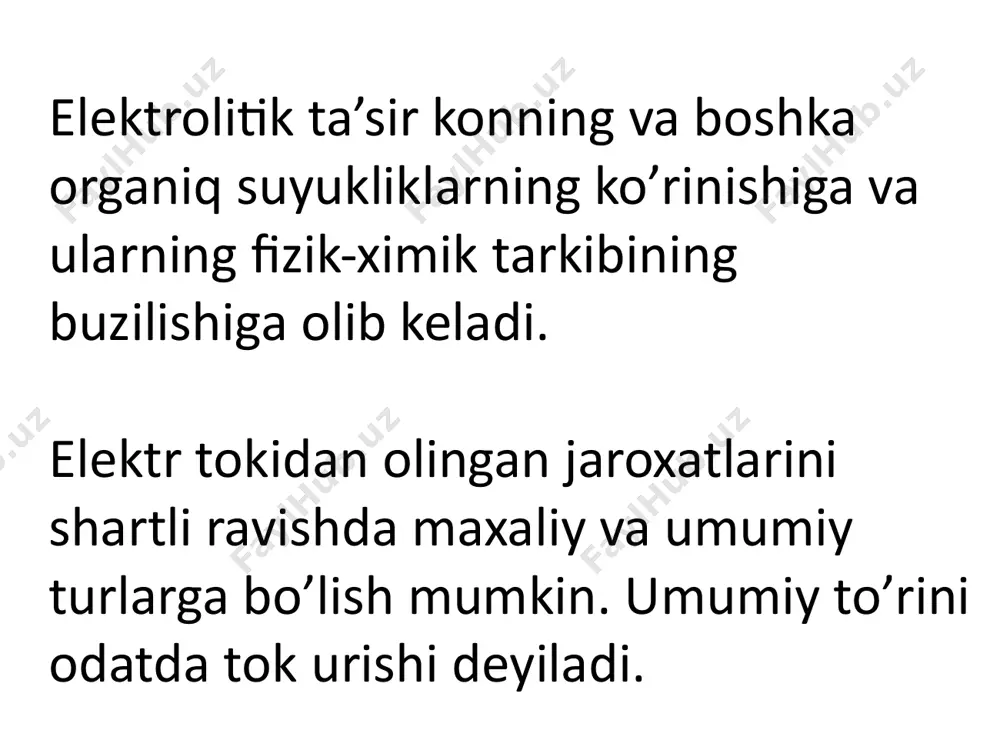 da sust, odatdagi ravishda kechsa-da, ammo eng kichik xayot faoliyati uchun yetarli bo’ladi. birinchi navbatda kislorod yetishmasligiga juda sezgir bo’lgan bosh miya kobigining xujayralari ula boshlaydi. ong va taffakur ana shu xujjayralarning faoliyatiga boglik. shu sababli klinik ulimning davom etish vaqti yurakning ishlashi va nafas olish tuxtagan paytdan to bosh miya xujayralari ula boshlaydigan paytga kadar o’tadigan vaqt bilan aniqlanadi. kup xollarda bu vaqt 4-6 mino’t, soglom kishilarda tosodifan elektr toki urishi natijasida ulganda esa 7-8 mino’tni tashkil etadi. biologik (xakikiy) ulim kaytarib bo’lmaydigan xodisa bulib,bunda organizm xujayralari va to’qimalarida biologik jarayonlar tuxtaydi. tokdan saqlanish uchun uskunalarning tok yuruvchi qismlariga yakin kelmasligi, kul tegizmasligi, bexosdan tegib ketmasligi kerak. kobik va boshka metall qismlarda tok paydo bo’lganda, xavfni oldini ola bilishi, past kuchlanishda ishlashi, ikki kayta ixotalash, yerga ulash, (zazemleniye), nol simiga ulashni (zanuleniye), himoyalovchi o’chirib kuygichlarni (zashitnoye otklyucheniye) qo’llash bilan erishiladi. elektr uskunalarining tok yuruvchi qismlariga bexosdan tegib ketmaslik uchun …