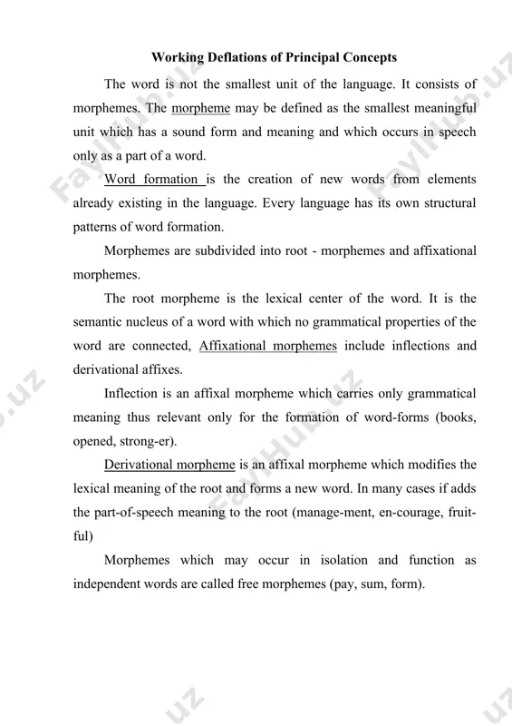peech meaning to the root (manage-ment, en-courage, fruit-ful) morphemes which may occur in isolation and function as independent words are called free morphemes (pay, sum, form). morphemes which are not found in isolation are called bound morphemes (-er, un-, -less) morphemic analysis. the segmentation of words is generally carried out according to the method of immediate and ultimate constituents. this method is based upon the binary principle, i.e. each stage of procedure involves two components the word immediately breaks into. at each stage these two components are referred to as the immediate constituents (ic). each ic at the next stage of analysis is in turn broken into smaller meaningful elements. the analysis is completed when we arrive at constituents incapable of further division, i.e. morphemes. these are referred to as ultimate constituents (uc). the analysis of word-structure on the morphemic level must naturally proceed to the stage of uc-s. allomorphes …