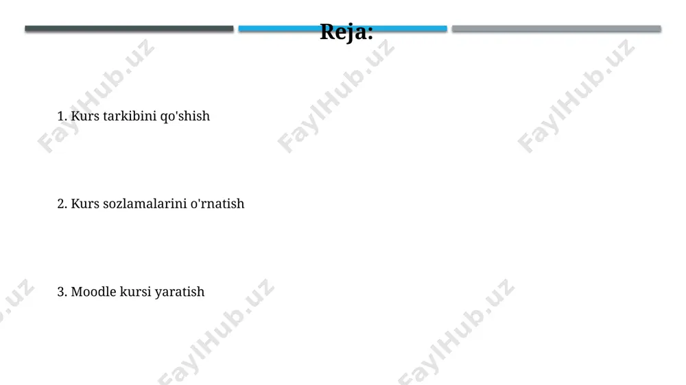 ydalanuvchilar bevosita kurs sahifasidan yuklab olishlari mumkin. tashqi veb-saytlarga havolalar qo'shish orqali, o'quvchilarga qo'shimcha ma'lumotlarga 3 marta bosish orqali tezkor kirish imkoniyatini berishingiz mumkin. kurs formatini tanlash har bir formatning o'ziga xos afzalliklari va kamchiliklari mavjud. masalan, 5 ta mavzu bo'lgan kurs uchun mavzuviy format, 10 haftalik kurs uchun esa haftalik format samaraliroq bo'lishi mumkin. "topics" formati kabi ba'zi formatlar o'quv materiallarini mantiqiy guruhlarga ajratish imkonini beradi, bu esa kursning tuzilishini tushunishni osonlashtiradi va navigatsiyani yaxshilaydi. baholash usullarini belgilash baholash usullarini tanlashda, talabalarning 30%ini amaliy topshiriqlar, 40%ini testlar va qolgan 30%ini yakuniy imtihon natijalari bo'yicha baholash moodle tizimida osongina sozlanishi mumkin. moodle platformasi turli baholash usullarini qo'llab-quvvatlaydi: rubrikali baholash, o'z-o'zini baholash, hamkasblar tomonidan baholash, va har bir usul uchun ballarni 100 balldan hisoblash mumkin. xavfsizlik sozlamalari moodle’ning “xavfsizlik sozlamalari” bo’limida 3 ta asosiy rol: talaba, o’qituvchi va ma’mur uchun turli xil kirish huquqlari va cheklovlarini belgilashingiz mumkin, masalan, fayllarga kirish …