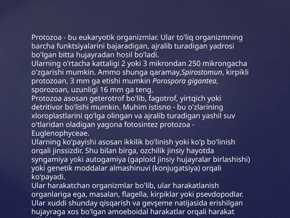 h holatining ko'rsatkichi bo'lishi mumkin. boshqa tomondan, protozoan populyatsiyalarini boshqarish ifloslangan suv havzalari va tuproqlarning bioremediatsiyasida yordam berishi mumkin. protozoalarning qattiq zarralarni yutish qobiliyati zaharli chiqindilar va xavfli moddalarning parchalanishini tezlashtiradi. odamlarda parazit protozoan viruslari parazitlar va ularning egalari o'rtasidagi o'zaro ta'sir tibbiy protozoologiyada katta e'tibor oldi. biroq, o'rganish tizimini murakkablashtiradigan va yanada ko'proq izlanishni talab qiladigan yangi o'zaro ta'sirlar mavjud. yaqinda grybchuk va uning hamkorlari (2017) inson paraziti bilan bog'liq bo'lgan tripanozomalar guruhi protozoalari patogenligini oshirishda ishtirok etgan totiviridae oilasining bir nechta viruslarini aniqlaydigan ishni nashr qildilar.leyshmaniya. natijalar ilgari noma'lum bo'lgan bir nechta viruslarni ko'rsatmoqda. shuningdek, ular protistlar guruhidagi viruslarning kelib chiqishi, xilma-xilligi va tarqalishi to'g'risida muhim ma'lumotlarni taqdim etadilar. image2.jpeg image3.jpeg image4.jpeg /docprops/thumbnail.jpeg