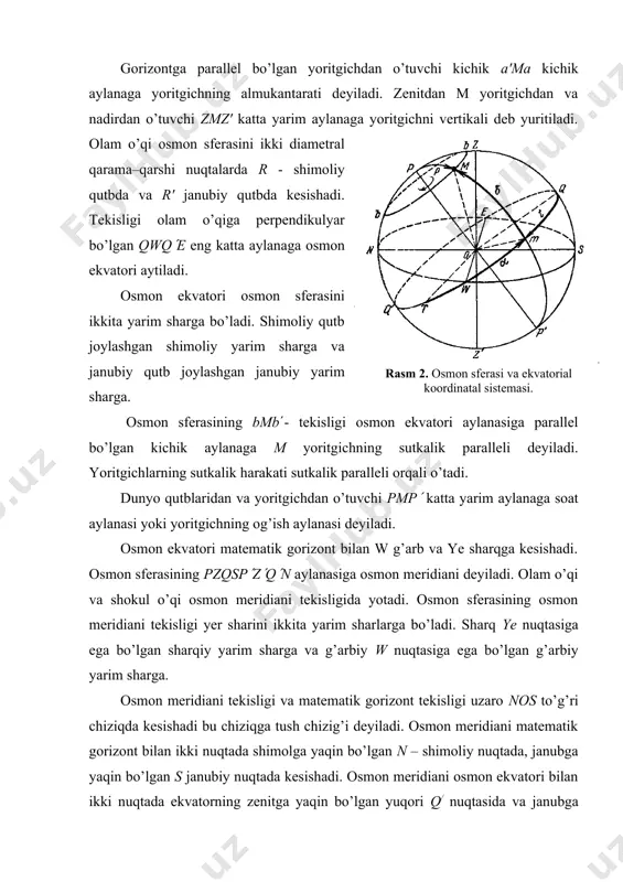 himoliy qutbi tomonidan qaralganda yer shari soat strelkasiga teskari aylanadi. tekisligi yer aylanish o’qiga perpendikulyar bo’lgan katta aylanaga yer ekvatori deyiladi (q(go(q). yer ekvatori yer sharini ikkita yarim sharlarga shimoliy qutb nuqtasiga ega bo’lgan shimoliy yarim sharga va janubiy qutbga ega bo’lgan janubiy yarim sharlarga bo’ladi. yer ekvatoriga parallel bo’lgan kichik aylanalarga parallellar deyiladi. yer ekvatoridan 23(27( ga shimol tomoniga joylashgan parallelga (bb) – ga shimoliy tropik, janubiy tomonda joylashgan (ss) parallelga janubiy tropik deyiladi. yer sirtining shimoliy va janubiy tropiklari orasida joylashgan qismiga issiq iqlimli mintaqa deyiladi. qutblardan 23(27( da joylashgan aylanalarga (aa)- shimoliy qutbiy aylana (dd( ) ga janubiy qutbiy aylana deyiladi. mos ravishda yer yuzining shimoliy qutbiy aylanasi va shimoliy tropik orasida joylashgan qismi shimoliy o’rta iqlimga mintaqasi, janubiy tropik va qutbiy aylana orasida joylashgan qismiga janubiy o’rta iqlimli mintaqasi deyiladi. qutb aylanalaridan nariga joylashgan yer yuziga mos ravishda shimoliy va janubiy sovuq iqlimli mintaqalar deyiladi. yerning …