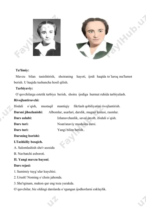 lim yurtida o'qiydi. adabiy to'garaklarda qatnashadi va she'rlar mashq qiladi. 1931-yil 17-iyul. birinchi she'ri «ishchi» gazetasida bosiladi. 1932-yil. hamid olimjon bilan uchrashadi. 1932-yil. «hayot varaqalari» nomli birinchi she'rlar to'plami chop etiladi. nizomiy nomidagi toshkent davlat pedagogika institutida o'qiydi. 1933–35-yillar. o'zbekiston davlat nashriyotida ishlaydi. 1935–38-yillar. o'zbekiston fanlar akademiyasi qoshidagi til-adabiyot instituti aspiranturasida o'qiydi. 1938-yil. bolalar nashriyotida muharrir. 1939-yil. «qizlar qo'shig'i» she'riy kitobi chiqadi. 1941-yil. o'zbekiston davlat nashriyotida adabiyot bo'limi boshlig'i. 1943-yil. «hulkar» kitobi, «uni farhod der edilar» poemasi nashr etildi. 1944-yil. «hijron kunlarida» kitobi chiqadi. 1944-yil. hamid olimjon vafotiga atab «kechir, qoldim g'aflatda», «yulduz», «ne balolarga etding mubtalo», «sen qaydasan, yuragim», «ko'rganmiding ko'zlarimda yosh», «bahor keldi seni so'roqlab» she'rlarini yozadi. 1950–53-yillar. «o'zbekiston xotin-qizlari» jurnali bo'limi boshlig'i. 1950-yil. «men tongni kuylayman» she'riy kitobi chiqadi. 1953-yil. «dugonalar bilan suhbat» kitobi nashr etiladi. «oydin» ocherki bosildi. 1954-yil. «saodat» jurnalining bosh muharriri. 1958-yil. «yuragimga yaqin kishilar» kitobi chiqadi. «mushoira» she'ri, «zaynab va omon» operasi librettosi …
