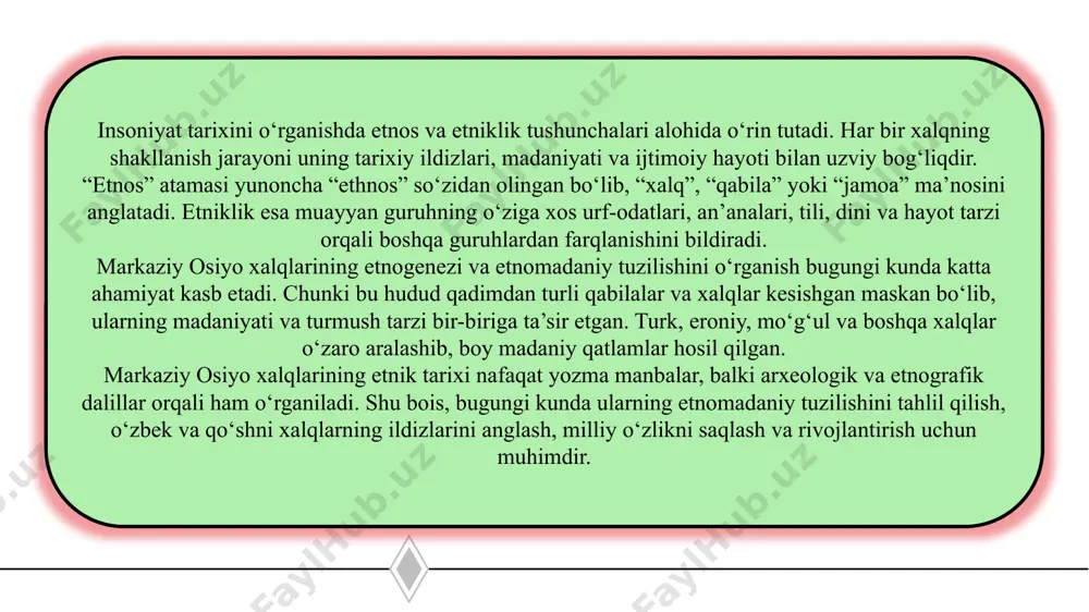 siyo hududi qadimdan turli qabilalarning yashash maskani bo‘lib kelgan. miloddan avvalgi davrlarda saklar, massagetlar, so‘g‘dlar, baqtriyaliklar, xorazmliklar kabi qabilalar yashagan. ularning har biri o‘zining xo‘jaligi, madaniyati va diniy qarashlari bilan ajralib turgan. sak va massagetlarning chorvachilikka asoslangan hayoti, so‘g‘dlarning savdo va shahar madaniyati markaziy osiyo etnik tarkibining shakllanishiga bevosita ta’sir ko‘rsatgan. xorazm aholisi esa irrigatsiya tizimini rivojlantirib, dehqonchilik madaniyatini mustahkamlagan. ushbu qadimiy qabilalar keyinchalik turkiy qabilalar bilan aralashib, zamonaviy markaziy osiyo xalqlarining ildizini tashkil etgan. markaziy osiyo xalqlarining etnogenezida turkiy va eroniy xalqlarning o‘zaro ta’siri alohida ahamiyatga ega. eroniy tilli so‘g‘d, baqtriya va xorazm xalqlari o‘z yozuvi, dini va shahar madaniyatini qoldirgan. keyinchalik turkiy qabilalar — qarluq, qipchoq, o‘g‘uzlar bu hududga kirib kelib, til va madaniyatda yangi qatlam hosil qilgan. zardushtiylik, buddaviylik va islom dini turli davrlarda xalqlarning dunyoqarashini shakllantirdi. masalan, so‘g‘dlar orqali buddaviylik xitoyga yoyilgan bo‘lsa, turkiy qabilalar orqali islom dini keng tarqaldi. natijada turkiy va eroniy unsurlar uyg‘unlashib, …