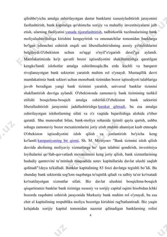 'z-o'zidan va ichki bozorga zamonaviy bank texnologiyalari, yangi moliyaviy mahsulotlar va umuman bank madaniyati, shuningdek, mamlakat moliya bozorida raqobat muhiti katalizatorini kiritish nuqtai nazaridan zarur bo'lib, bu bank tomonidan ko'rsatilayotgan xizmatlar sifatiga ijobiy ta'sir ko'rsatadi. i bob. bank tizimi. markaziy bank va tijorat banklari. pul-kredit siyosa 1.1.o’zbekiston respublikasi bank tizimi va uning rivojlanish bosqichlari. dastlabki banklar qachon va qanday paydo bo‘lganligini aniqlash ancha qiyinchilik tug‘diradi. gap shundaki, hozirgi davrda banklar faoliyati xususiyatidan kelib chiqib turlicha bo‘lgan operatsiyalarni bajaruvchi universal moliyaviy tashkilotlarni o‘zida namoyon qiladi. masalan, birinchi darajali toifaga kiruvchi chet el banklari o‘z mijozlariga 300 dan ortiq turli xil xizmatlarni ko‘rsatadilar. bu operatsiyalarning va xizmatlarning barchasi bir vaqt va bir joyda paydo bo‘lmaganligi sababli ham bank ishining “boshlang‘ich” nuqtasini aniqlash aniq tadqiqotlar olib borishni va ular asosida ma’lum bir fikrlarni mujassamlashtirishni talab qiladi. banklarning paydo bo‘lishi tarixi bo‘yicha ba’zi bir fikrlar to‘g‘risida siz tushunchaga egasiz. banklar faoliyatining eng “qadimgi” operatsiyalari …