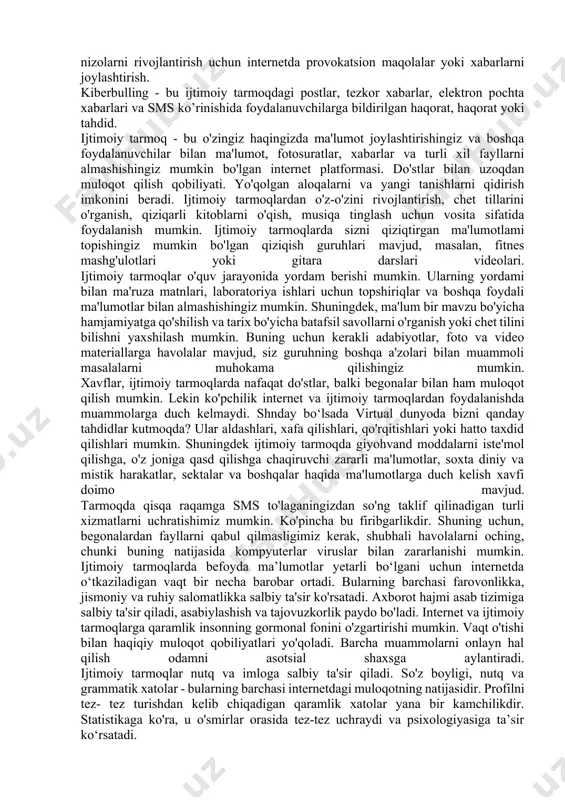 illarni institutsional boshqarish faoliyatini professional sifat darajasini, sotsial holati, mavqeini, dunyoqarashi xarakterini belgilovchi va baholovchi faktologik omillarni konkretlashtiradi; uchinchidan, global ijtimoiy tarmoqlar iqtisodiy, siyosiy, ma’naviy o‘zgarishlarga, inson kapitaliga “distansion” ta’sir o‘tkazib, ularni transformatsiyalashuvida davlatlar madaniy qadriyatlar integratsiyasiga differensiallashgan yondashuvni taqoza etadi; to‘rtinchidan, xalqaro ijtimoiy munosabatlar integratsiyalashuvida ijtimoiy tarmoqlarni tashkillashtirish, boshqarish va nazorat qilishning geografik global institutsional strukturasini kompleks-tizimli nazariy-metodologik asoslarini hamda uning samaradorligini ta’minlaydi. mamlakatimizda internet tarmoqlarining shakllanishi va rivojlanishi uning mustaqilligining mustahkamlanishi bilan bevosita bog‘liq. o‘zbekiston iqtisodiyotining turli sohalariga yangi texnologiyalarining kirib kelishi, ishlab chiqarish, agrar xo‘jaligi, sanoatning rivojlanishi ijtimoiy tarmoqlarning keng va shiddat bilan tarqalishining muhim omili bo‘ldi. birinchidan ijtimoiy tarmoqlar asta-sekin yoshlar ijtimoiylashuvida kiber qaramlikni rivojlantirishi oqibatlariga olib kelishi mumkin. ikkinchidan sotsial mobilligini rivojlantirishga ijtimoiy institutlarning vazifasini bosqichma-bosqich amalga oshira boshladi. virtual hayot haqiqiy qadriyatlarni chetda qoldirib internet madaniyatining ta’siri kuchayadi. internet tarmoq infratuzilmasi sifatida ochiq protokollar va standartlar asosida yaratilgan va rivojlangan. shuning uchun ma'lumotlar aniq …