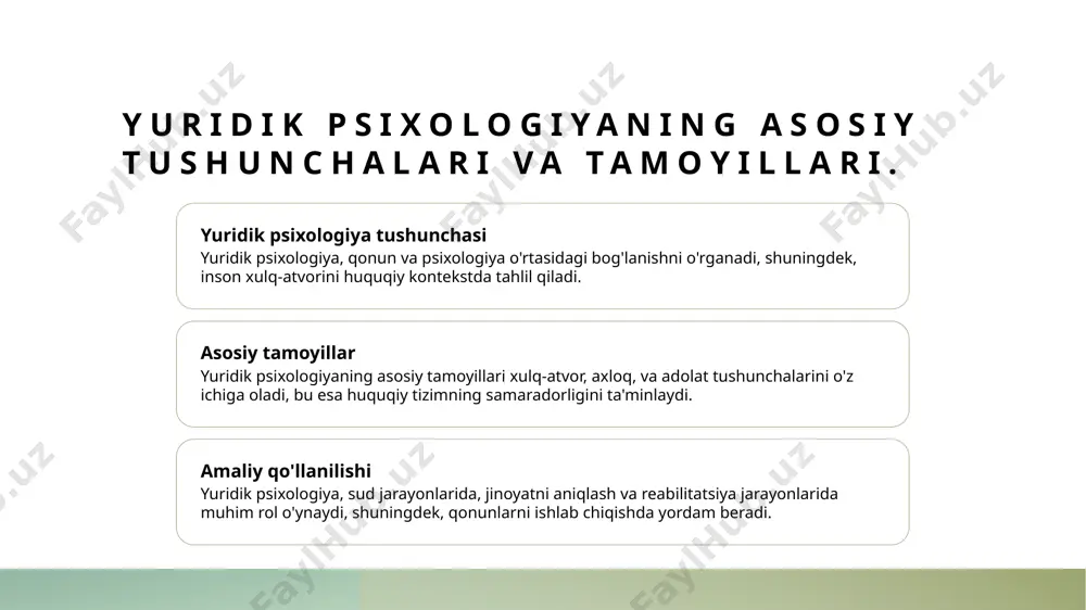 usullaridir, bu esa sud jarayonlarida ishonchni oshiradi. amaliy ahamiyat yuridik psixologiyaning amaliy ahamiyati, jinoyatlarni aniqlash va sudlarda adolatni ta'minlashda muhim rol o'ynaydi, shuningdek, huquqni muhofaza qilishga yordam beradi. teoretik ramkalar: qonunchilik tizimidagi ahamiyati va qo'llanilishi. teoretik ramkalar, qonunchilik tizimida huquqiy psixologiyaning asosiy tamoyillarini belgilaydi. ular, shuningdek, sud jarayonlarida psixologik omillarni hisobga olish va huquqiy qarorlarni qabul qilishda muhim ahamiyatga ega. bu ramkalar, mahalliy va xalqaro tajribalarni o'rganish orqali, huquqiy tizimni yanada takomillashtirishga yordam beradi. photo by timothy cuenat on unsplash yuridik psixologiya va ijtimoiy fanlar: teoretik yondashuvlar. 1 yuridik psixologiya va ijtimoiy fanlar o'rtasidagi bog'liqlik yuridik psixologiya ijtimoiy fanlar bilan chambarchas bog'liq bo'lib, qonunchilik, ijtimoiy adolat va psixologik tushuncha o'rtasida muhim aloqalarni o'rnatuvchi ilmiy sohadir. 2 teoretik yondashuvlar yuridik psixologiyada kognitiv, bihevyoral va sotsial psixologiya yondashuvlari muhim ahamiyatga ega bo'lib, sud jarayonlarida inson xulqini tushunishga yordam beradi. 3 ijtimoiy ta'sirlar yuridik psixologiya ijtimoiy muhit va madaniyat ta'sirini o'rganib, sud qarorlariga, …