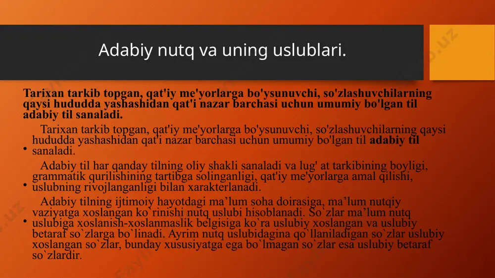 nutqida o`ziga xoslik seziladi: olimlarning suhbati bilan ishchi, xizmatchi, dehqonning so`zlashuvida farq bo`ladi. hatto erkagu xotinlar so`zlashuvi o`rtasida ham ba’zi farqlar bo`ladi. so`zlashuv nutqida ona tilidagi bor imkoniyatlardan foydalanilsa ham, har bir toifaning nutqida o`ziga xoslik seziladi: olimlarning suhbati bilan ishchi, xizmatchi, dehqonning so`zlashuvida farq bo`ladi. hatto erkagu xotinlar so`zlashuvi o`rtasida ham ba’zi farqlar bo`ladi. og`zaki so`zlashuv uslubi grammatik qurilishi sodda, qisqa, mazmunan ta’sirchan bo`ladi. bunda xalq maqollari va masallar, rivoyat va ertaklar, latifa va qo`shiqlar, so`z o`yinlari-pichinglar, hazil – mutoyi balar, askiya va qochirmalar muhim manba sanaladi. jonli nutq jarayonida uslubiy bo`yoq iboralaridan (onaginang o`rgilsin! qoqindig`ing bo`lay!) keng foydalaniladi. jonli so`zlashuv nutqida «xom» ibora va gaplar, behayo so`zlar ham uchraydi. ba’zan bunday qatlamlar badiiy asarlardan ham o`rin oladi: hoy xotin, tavba qildim, endi ichsam, birovdan pul olsam, go`rimda to`ng`iz qo`pay. har holda hamma toifa kishilarning suhbati, so`z va gaplari tushunarli bo`ladi. chunki umumiste’moldagi so`z, ibora va jumlalardan foydalaniladi. publisistik …